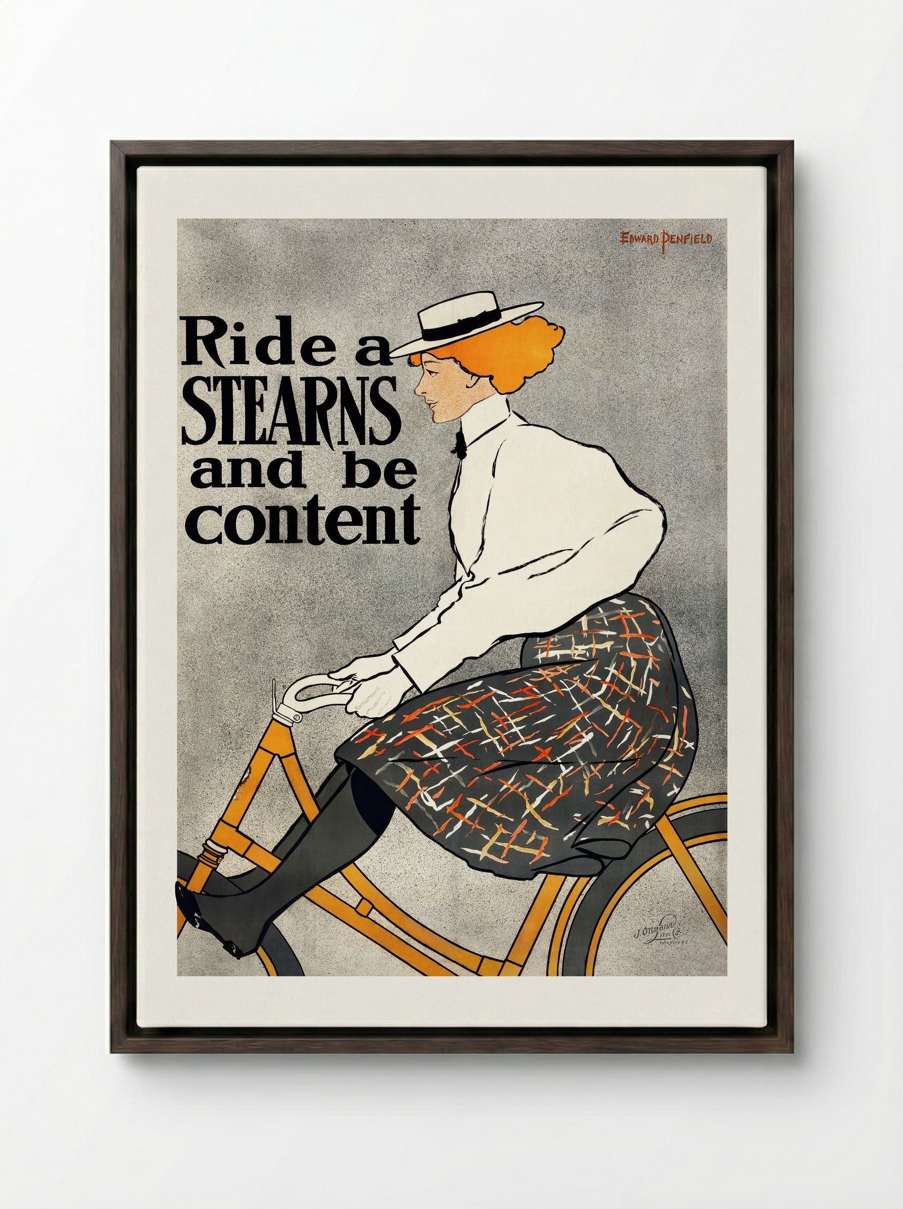 Ride a Stearns and be content - Edward Penfield - Framed Canvas Dark Wood