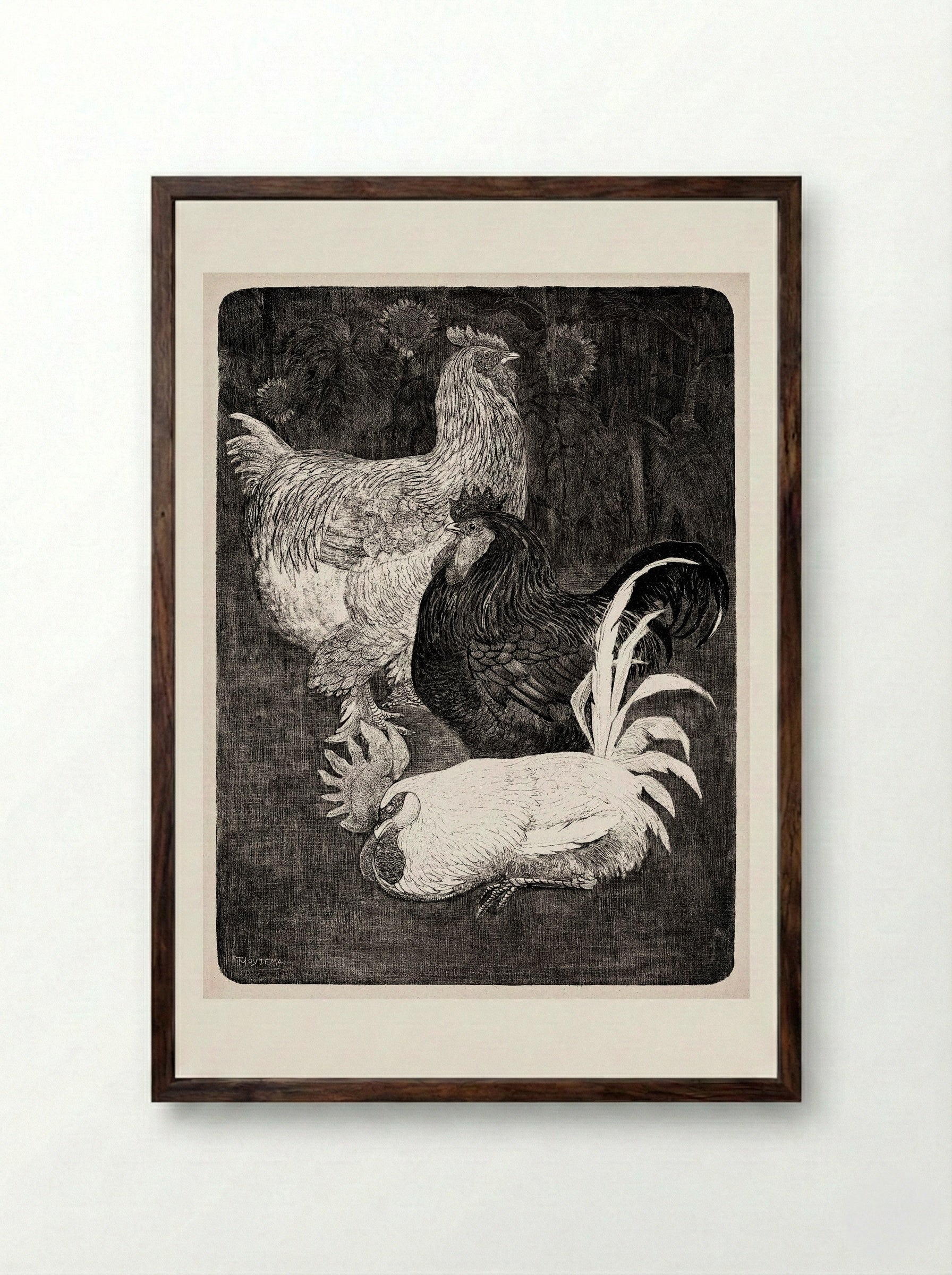 Drie Hanen (Three Roosters) - Theo van Hoytema - Framed Print Dark Wood