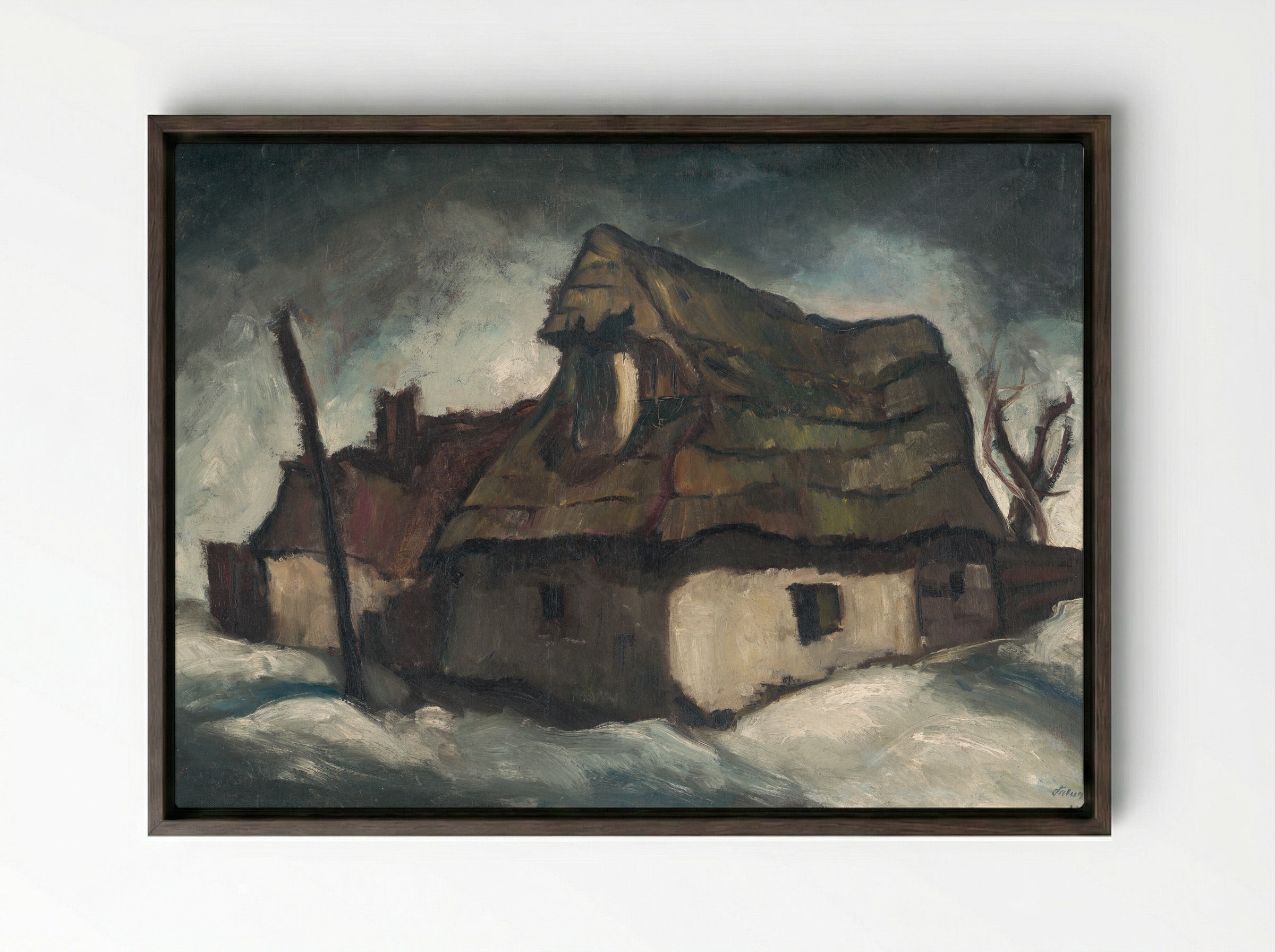 Cottages in Winter - Zolo Palugyay - Framed Canvas Dark Wood