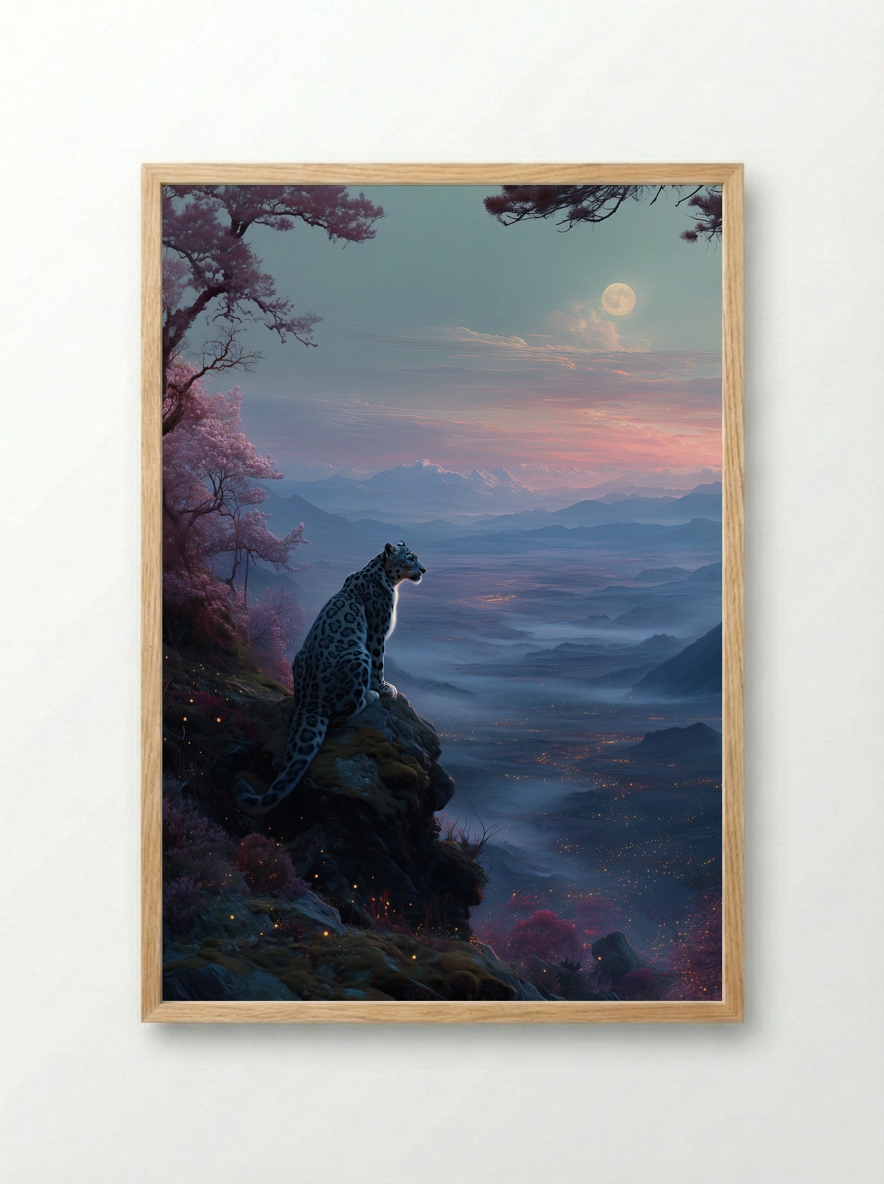 Moonlit Watch – Snow Leopard Print Over Twilight Mountain Valley - Framed Print Wood