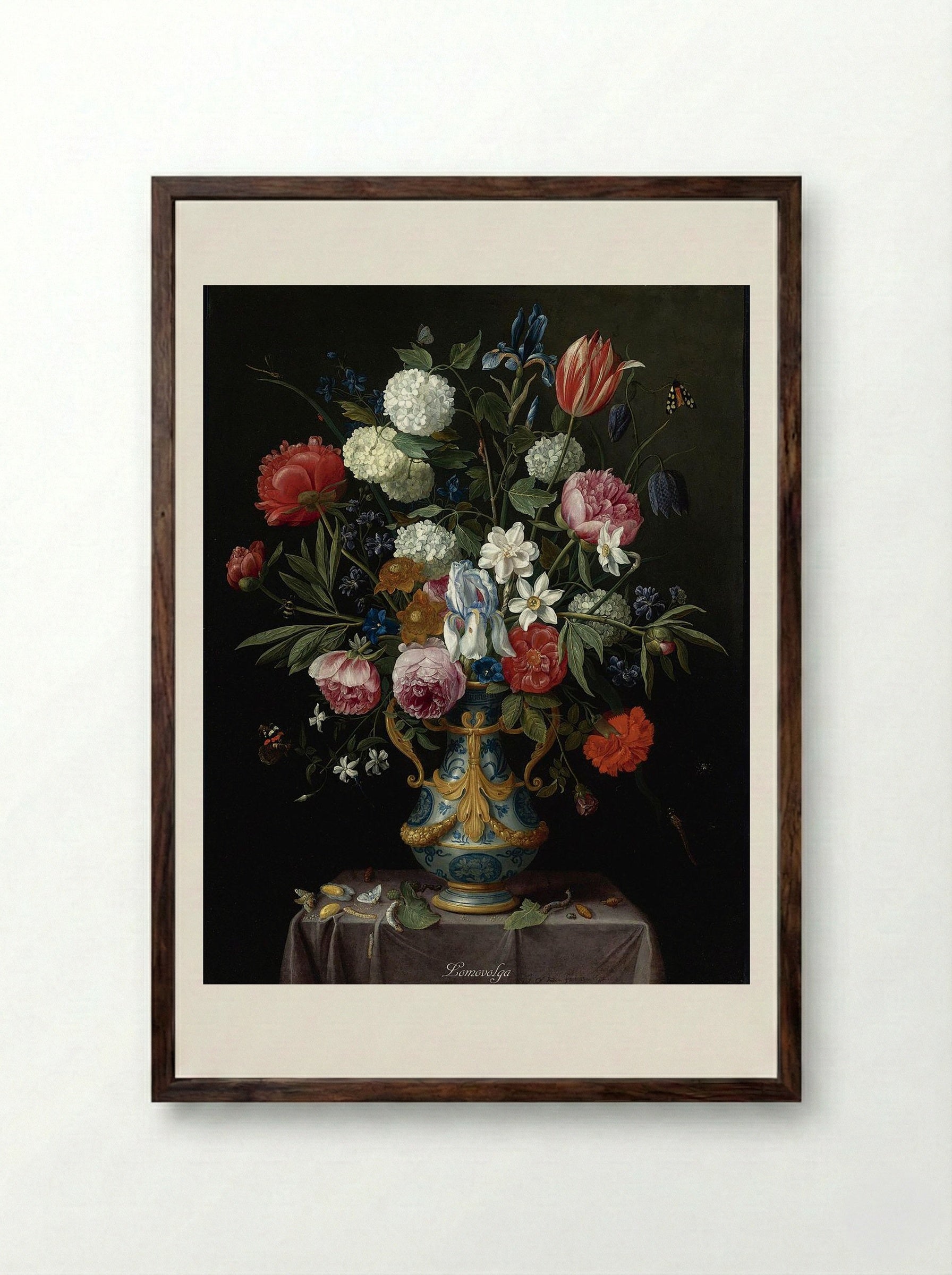 Still Life of Irises, Peonies, Narcissi, a Tulip and Other Flowers in a Blue-and-White Porcelain Vase with Ormolu Mounts on a Draped Pedestal - Jan van Kessel the Elder - Framed Print Dark Wood