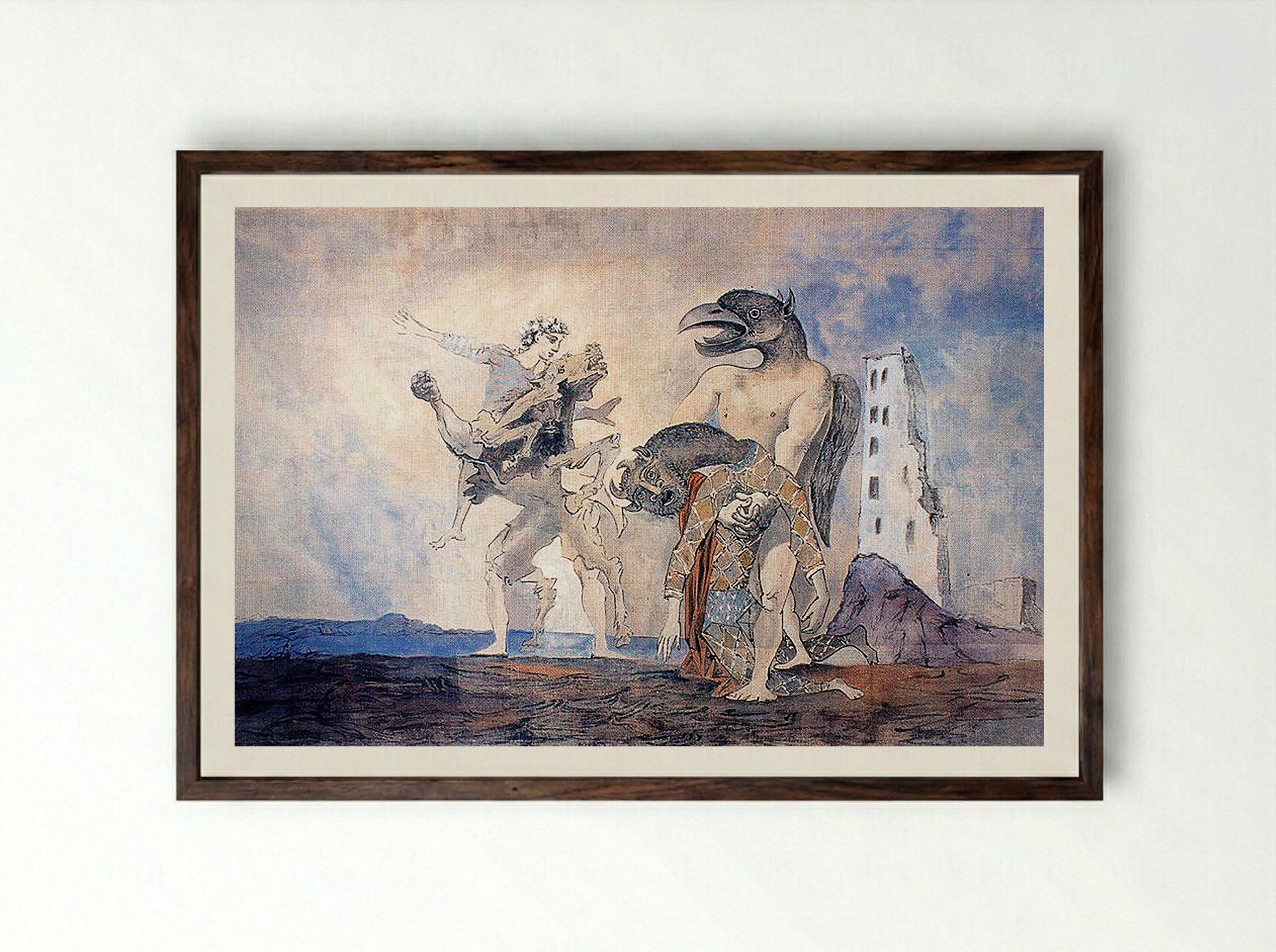 The Death of the Minotaur in Harlequin Costume - Pablo Picasso - Framed Print Dark Wood