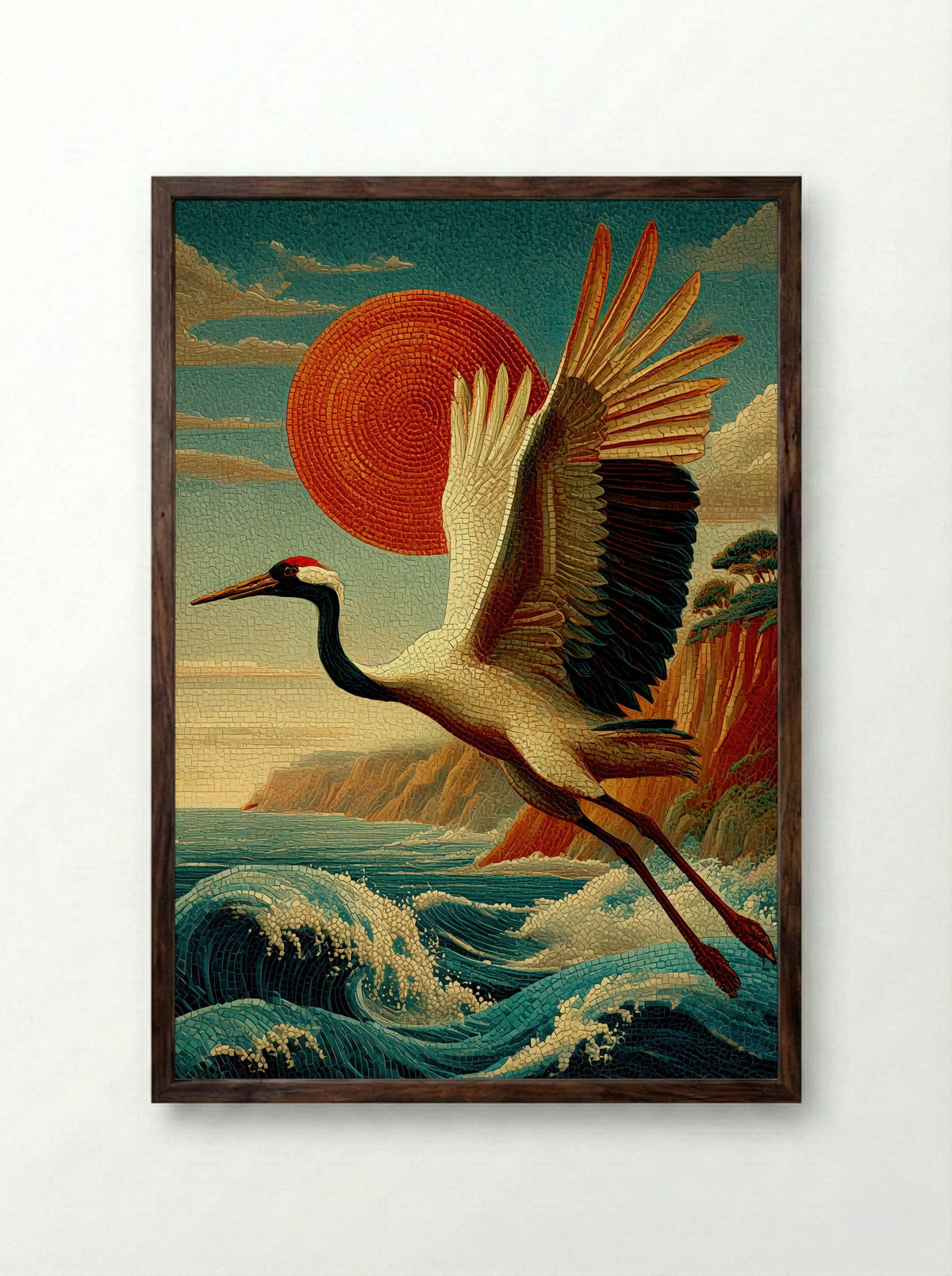 Crane Over Crimson Sun – Japanese Mosaic Print - Framed Print Dark Wood