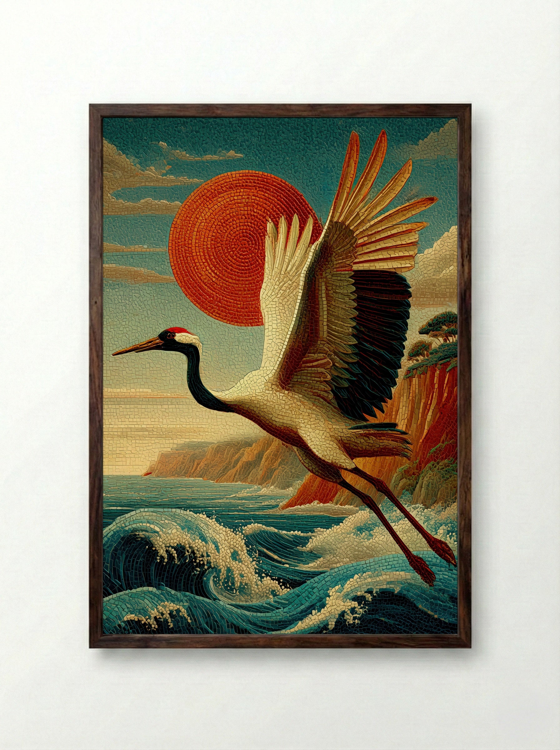 Crane Over Crimson Sun – Japanese Mosaic Print - Framed Print Dark Wood