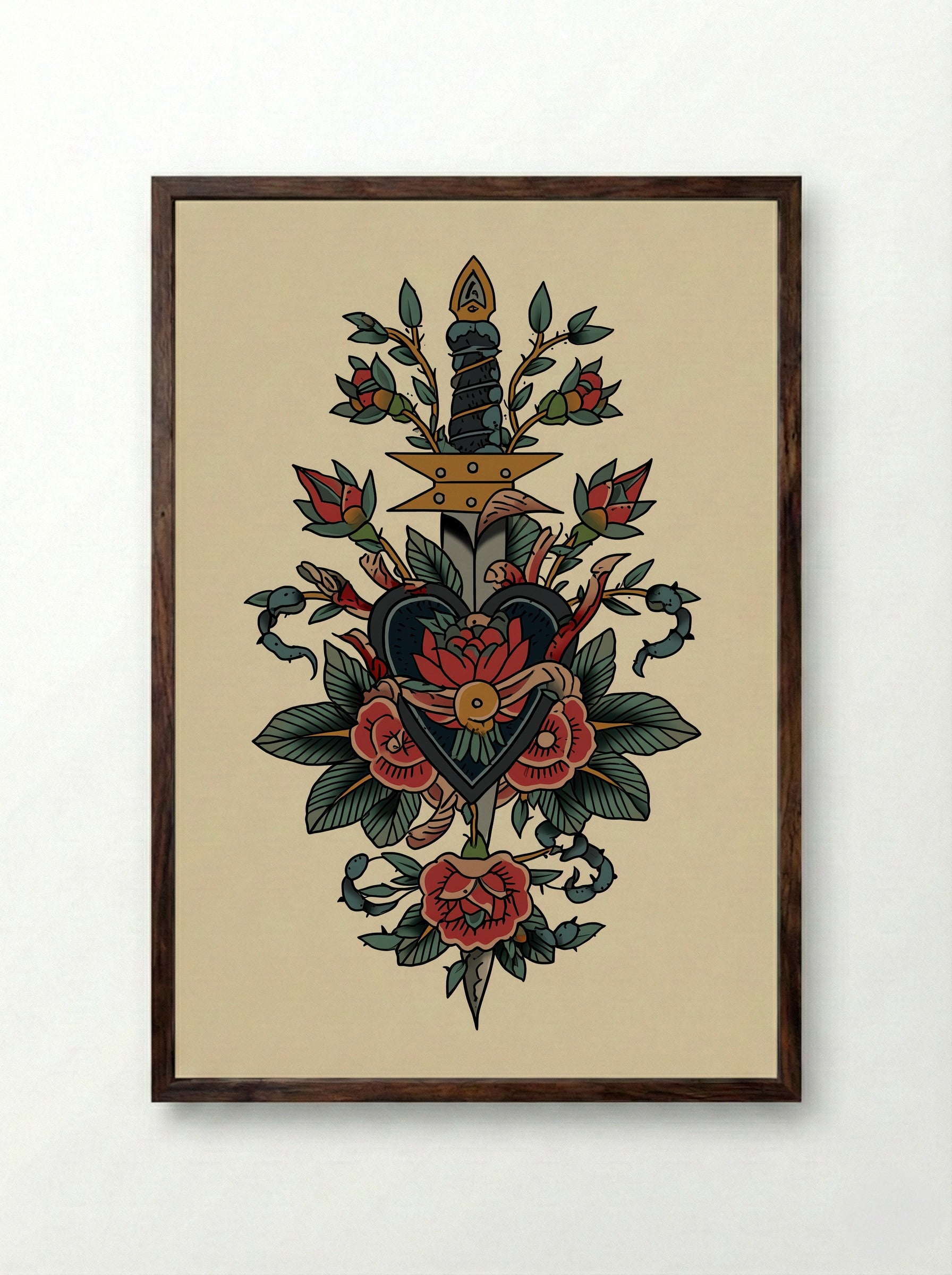 Sacred Heart and Dagger - Neo Traditional Tattoo Print - Framed Print Dark Wood