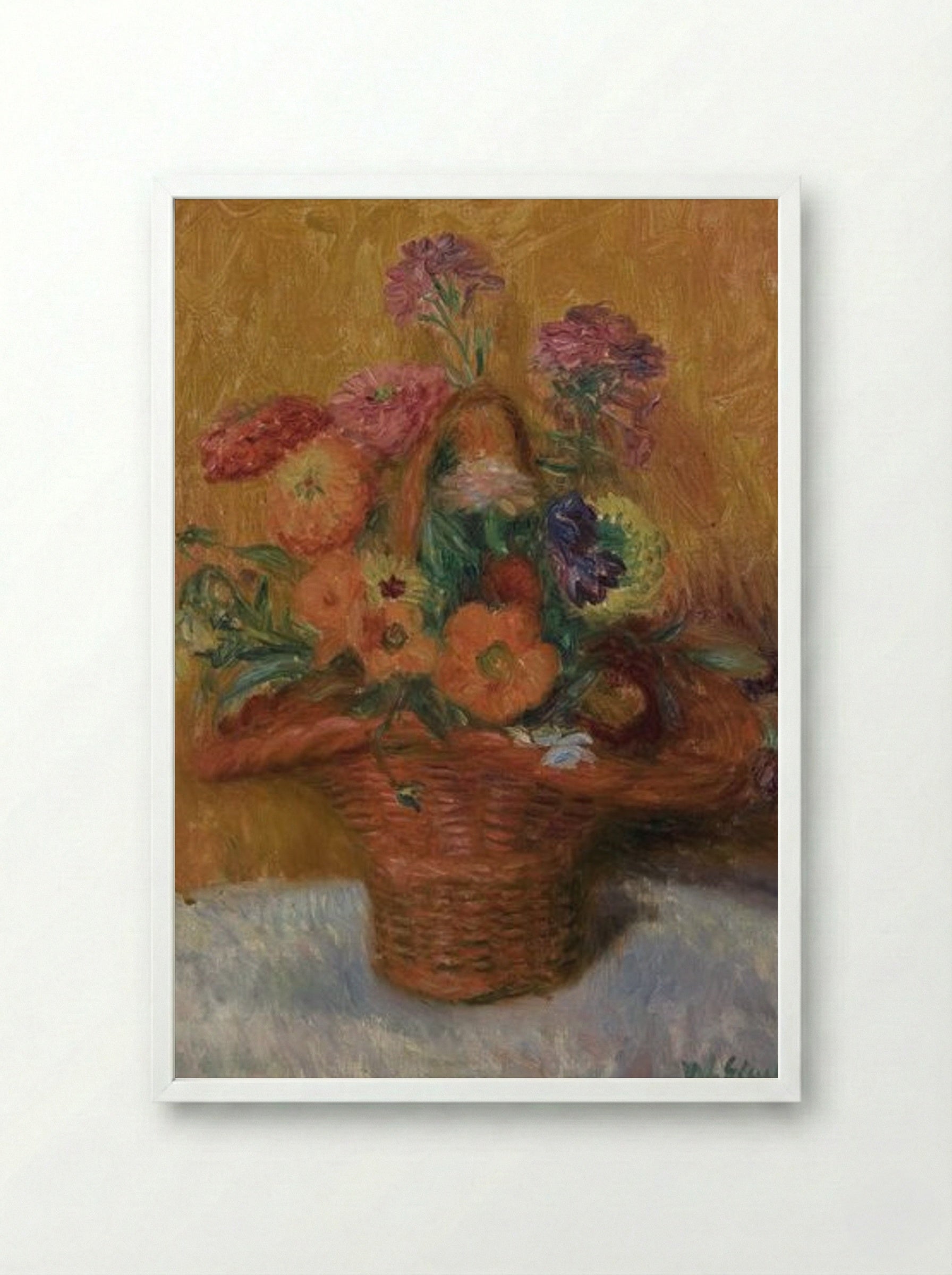 Red Basket of Zinnias - William James Glackens - Framed Print White