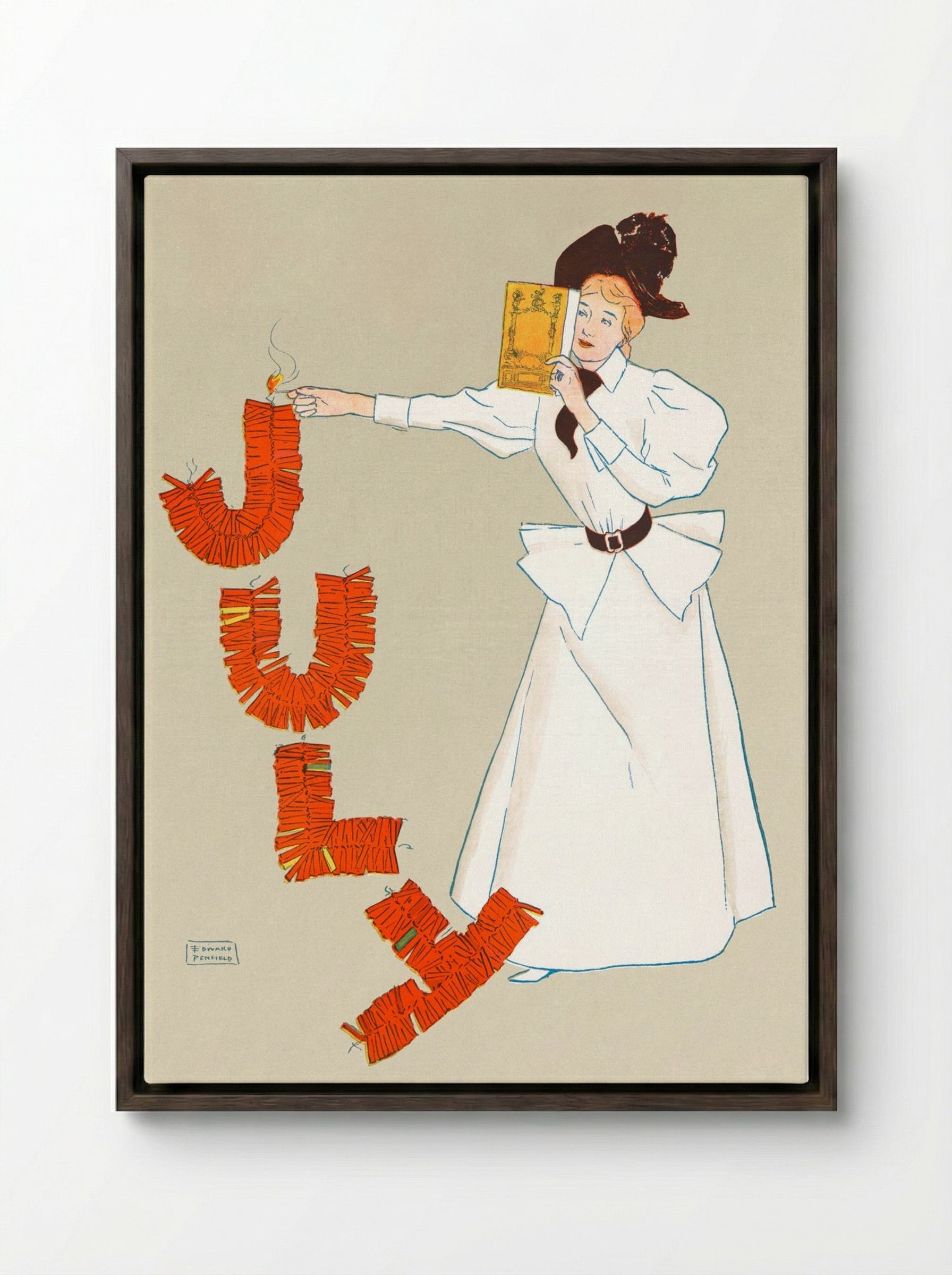 Woman Lighting Up Firecrackers - Edward Penfield - Framed Canvas Dark Wood