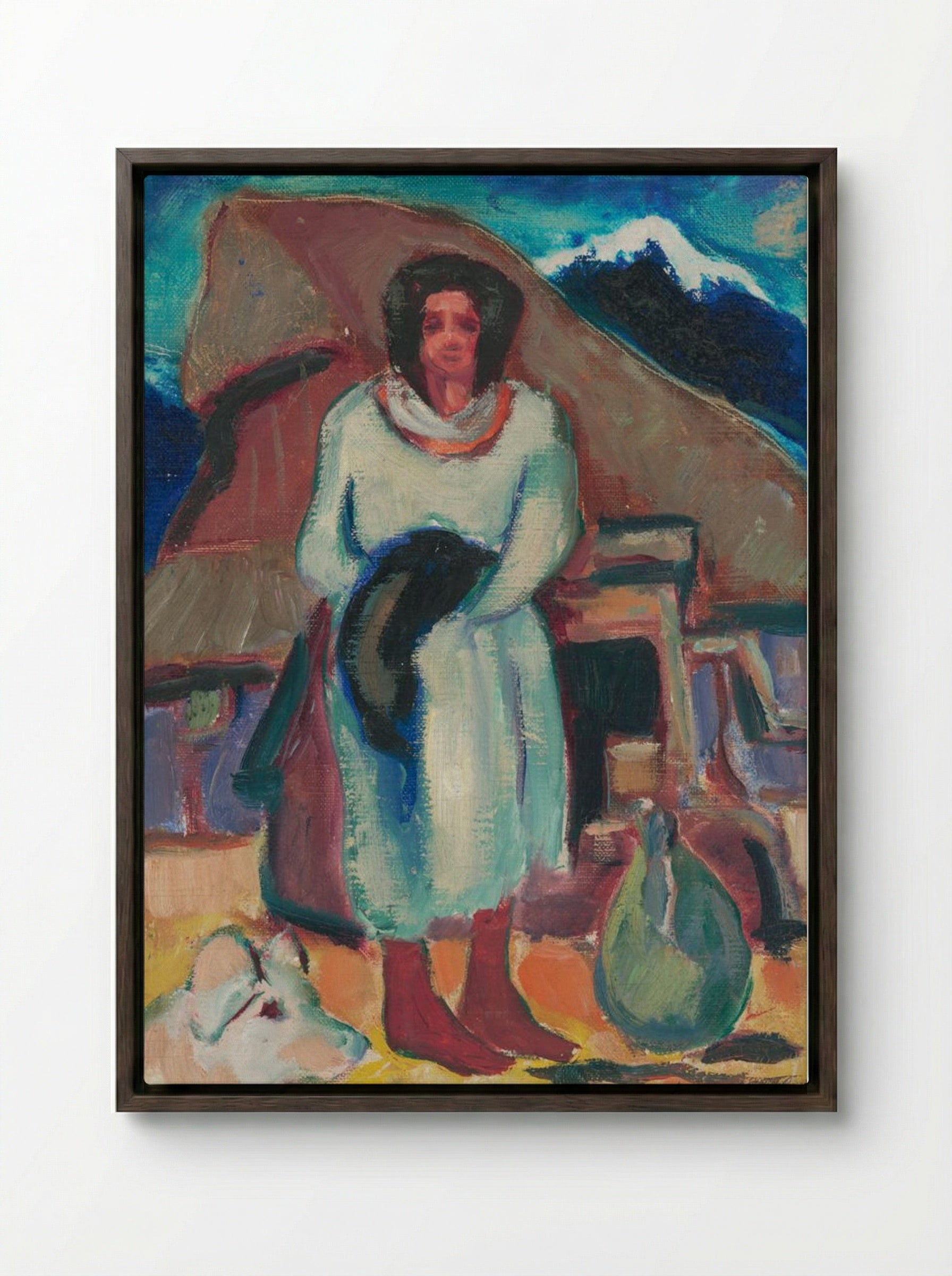 Study of a Village Girl in Front of a Cottage - Zolo Palugyay - Framed Canvas Dark Wood