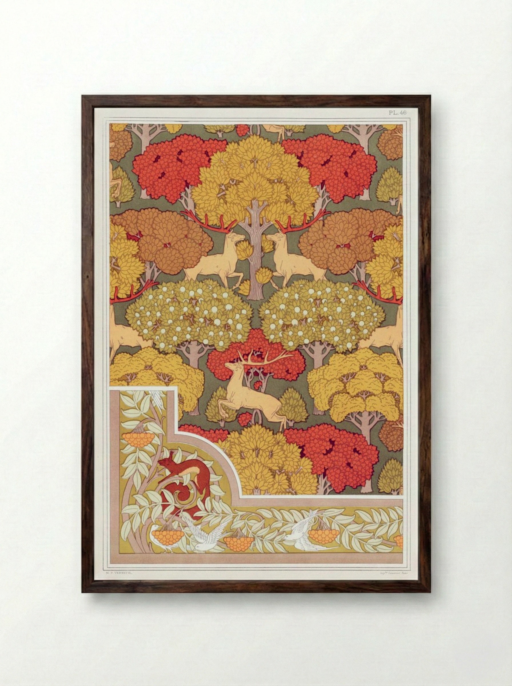 Cerfs et Arbres (Wallpaper Design with Deer and Trees) - Maurice Pillard Verneuil - Framed Print Dark Wood