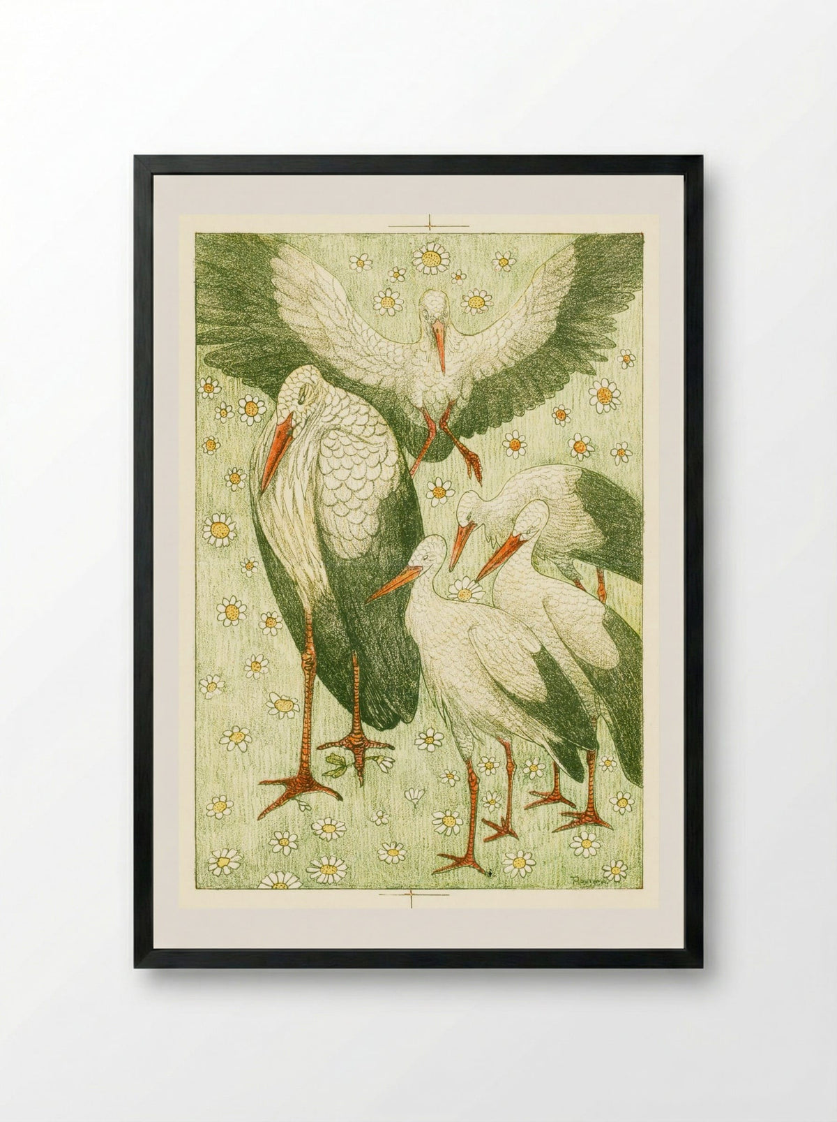Vijf ooievaars in een wei (Five Storks in a Meadow) - Theo van Hoytema - Framed Print Black
