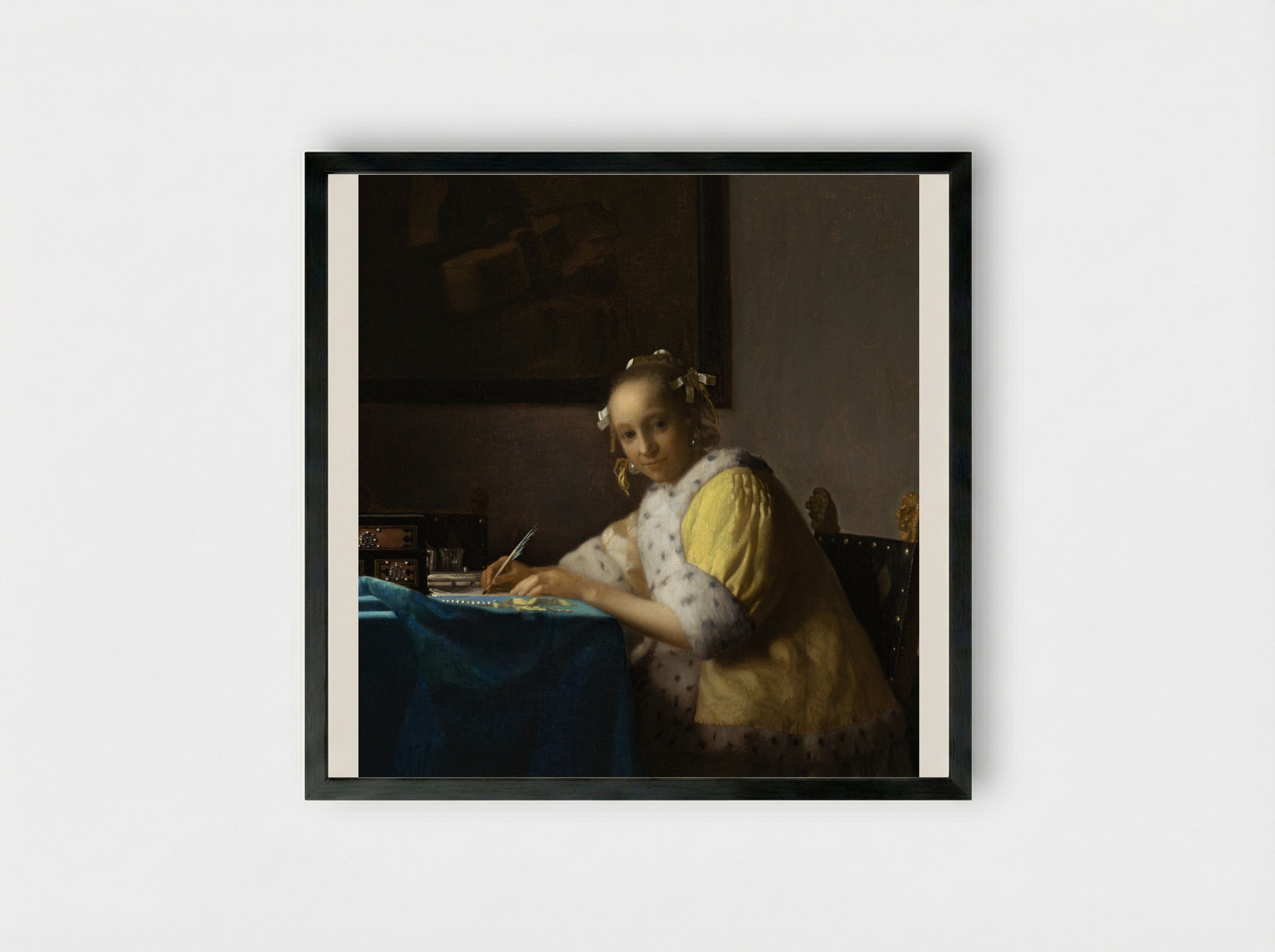 A Lady Writing a Letter - Johannes Vermeer - Framed Print Black