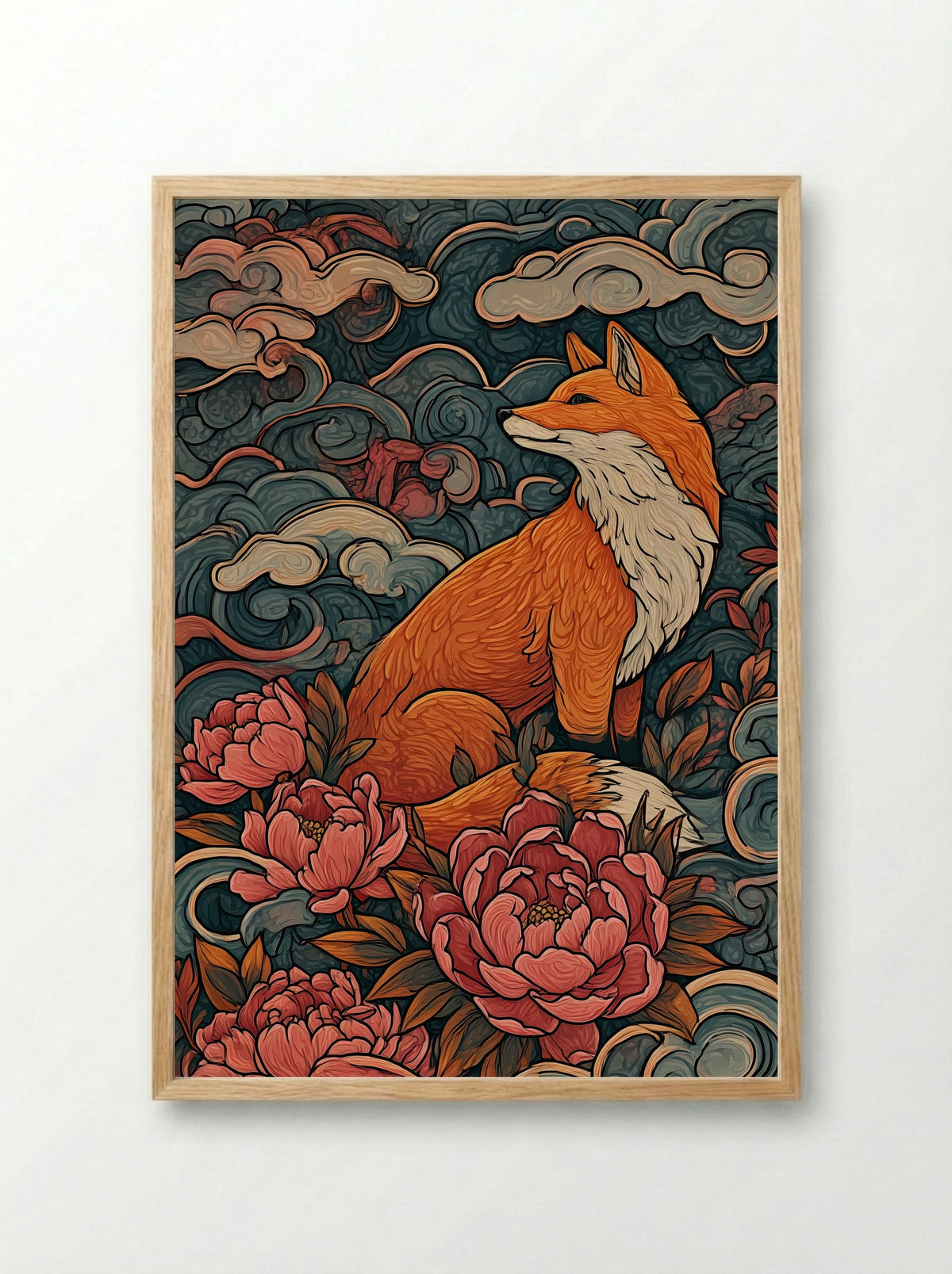 Fox Among Peonies - Japanese Inspired Art Print - Framed Print Wood