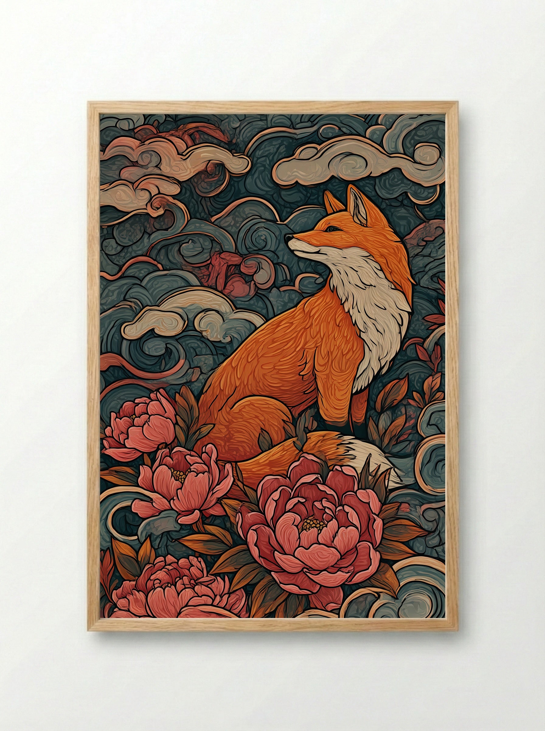Fox Among Peonies - Japanese Inspired Art Print - Framed Print Wood