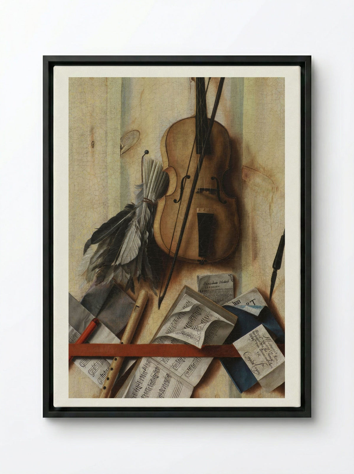 Trompe l'oeil with violin, sheet music and recorder - Cornelis Norbertus Gysbrechts - Framed Canvas Black