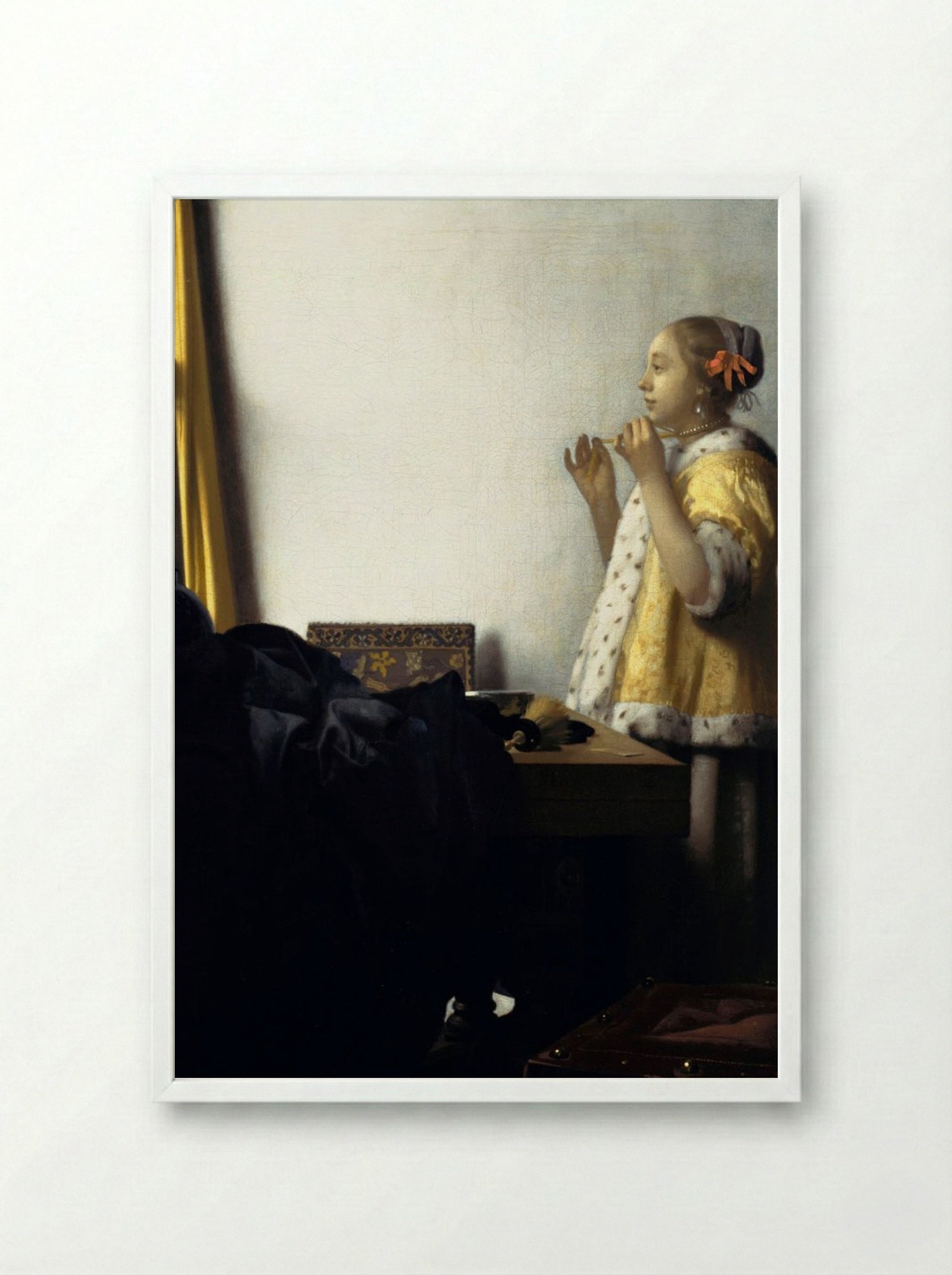 Young Woman with a Pearl Necklace - Johannes Vermeer - Framed Print White