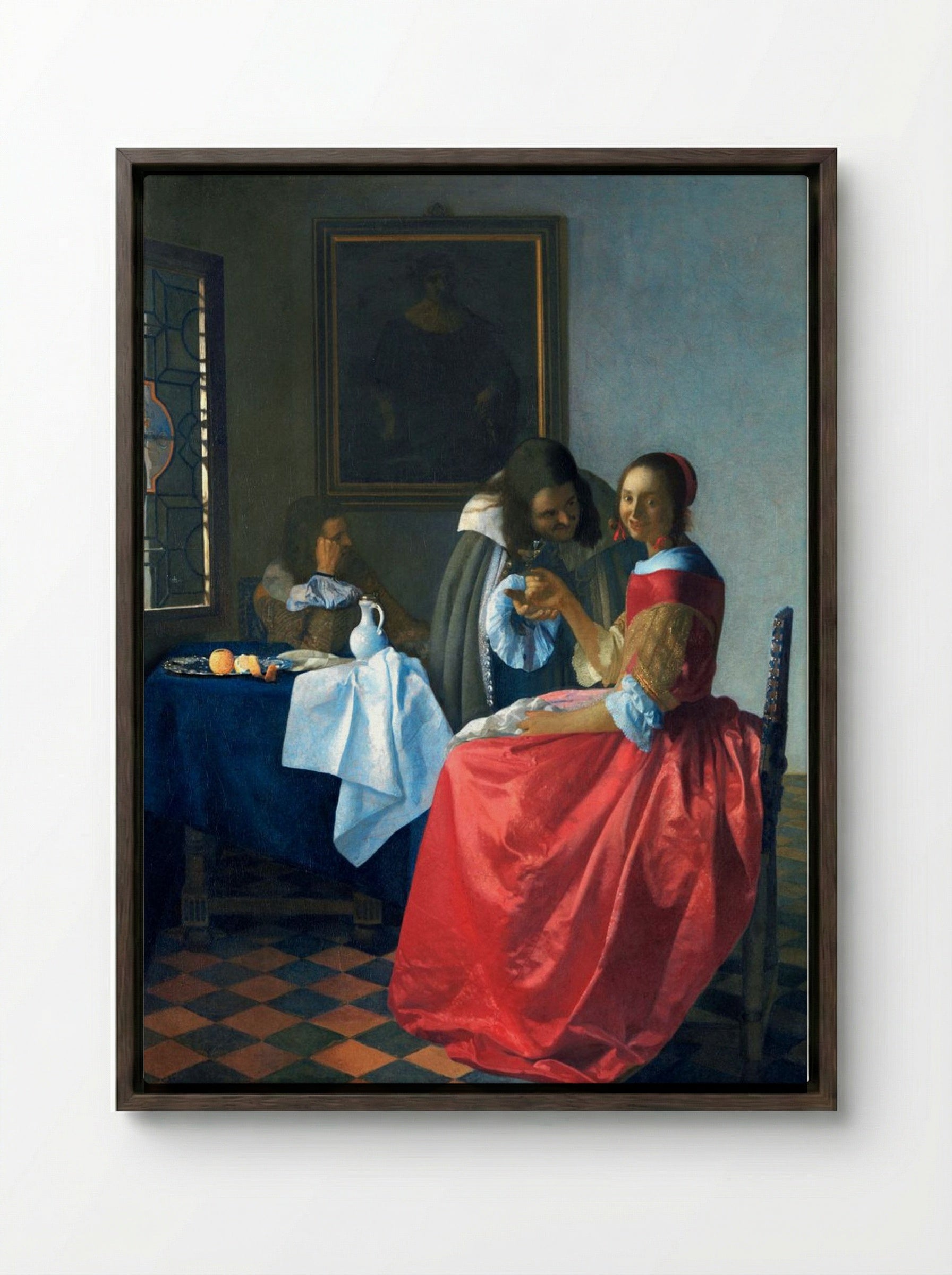 The Girl with a Wineglass - Johannes Vermeer - Framed Canvas Dark Wood
