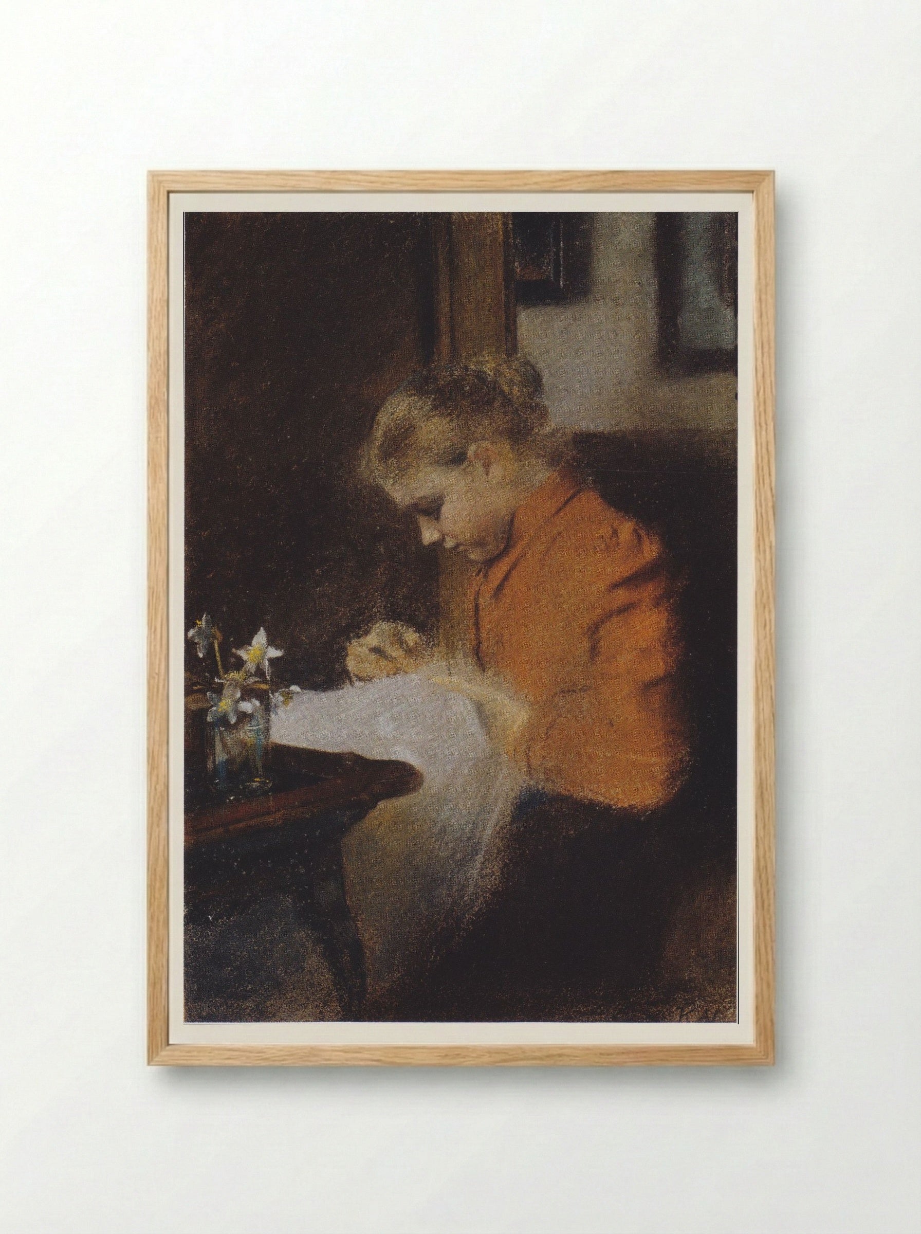 Leopoldine Steindl-Moser, eine Schwester des Künstlers, nähend - Koloman Moser - Framed Print Wood