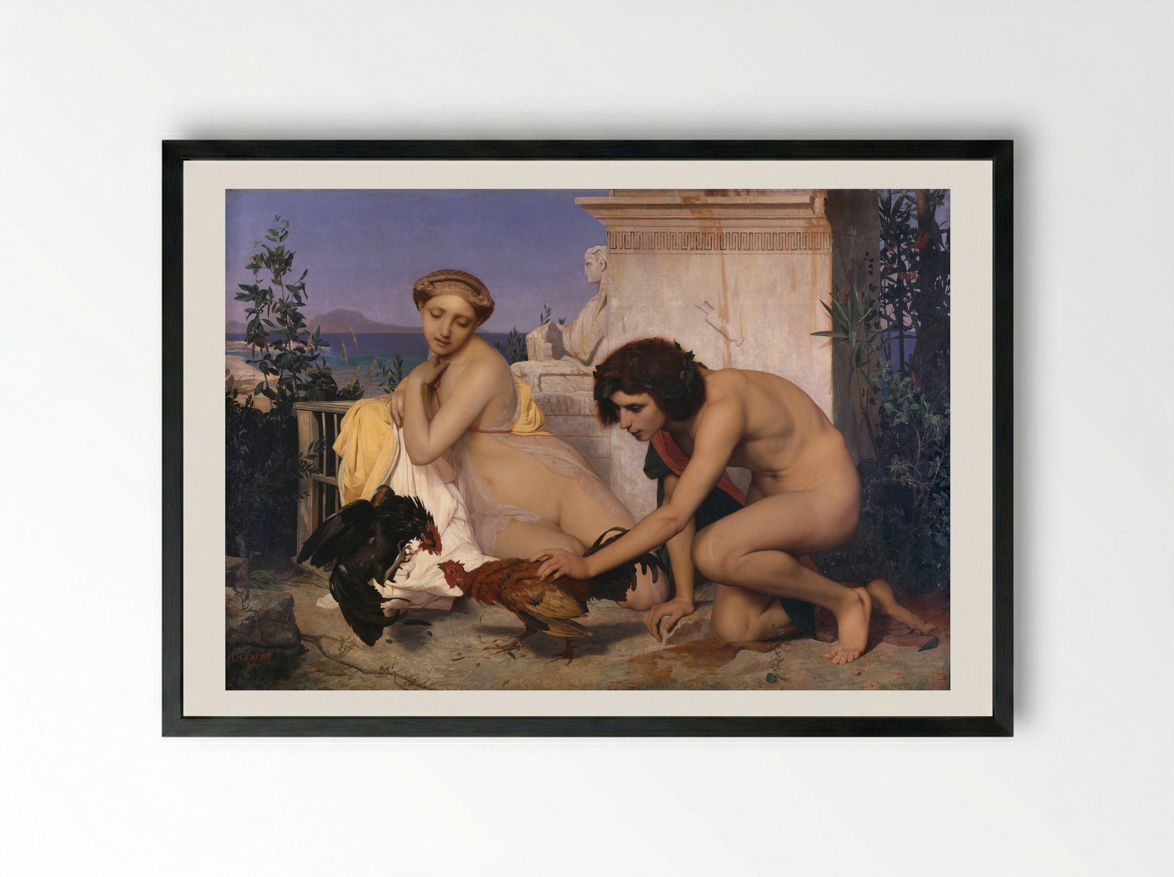 Young Greeks Attending a Cock Fight - Jean-Léon Gérôme - Framed Print Black