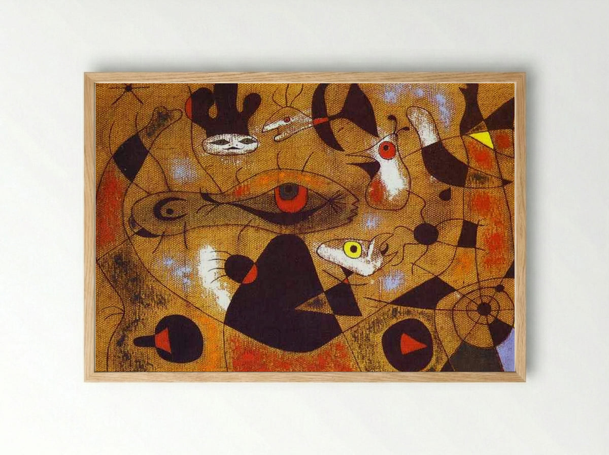 A Dew Drop Falling from a Bird's Wing Wakes Rosalie, who Has Been Asleep in the Shadow of a Spider's Web - Joan Miró - Framed Print Wood