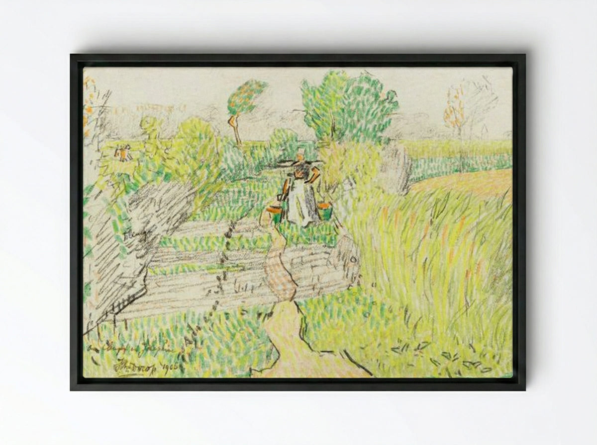 Peasant Woman with Milk Buckets in a Wheat Field - Jan Toorop - Framed Canvas Black