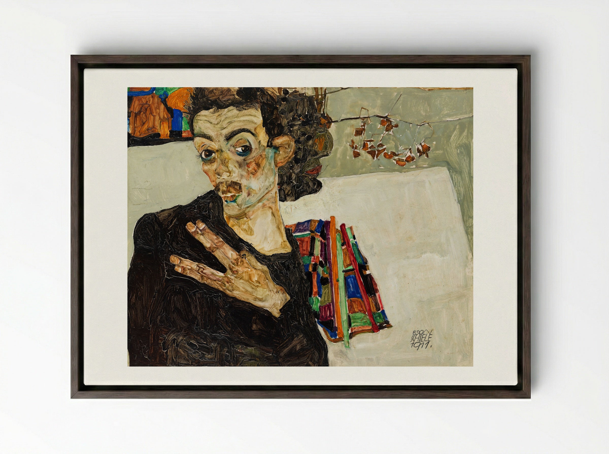 Self-Portrait - Egon Schiele - Framed Canvas Dark Wood