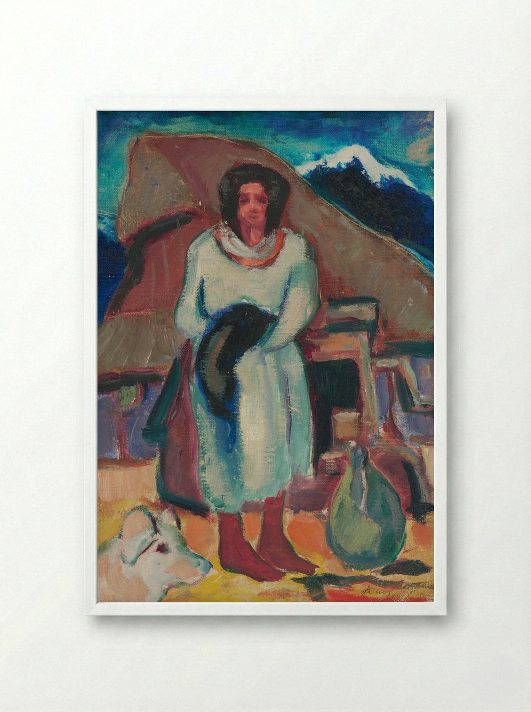 Study of a Village Girl in Front of a Cottage - Zolo Palugyay - Framed Print White