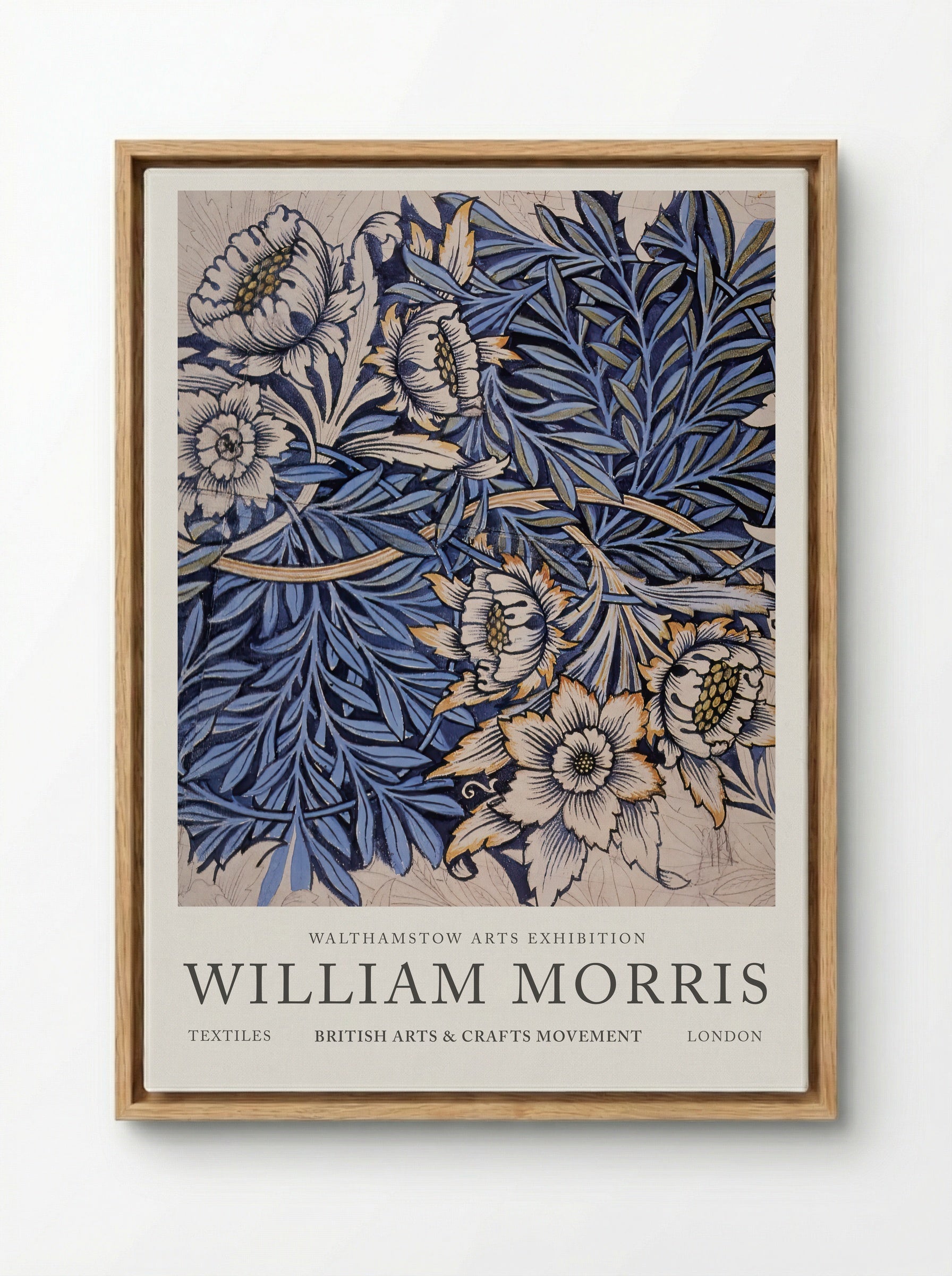 Design for Tulip and Willow indigo-discharge wood-block printed fabric - William Morris - Framed Canvas Wood