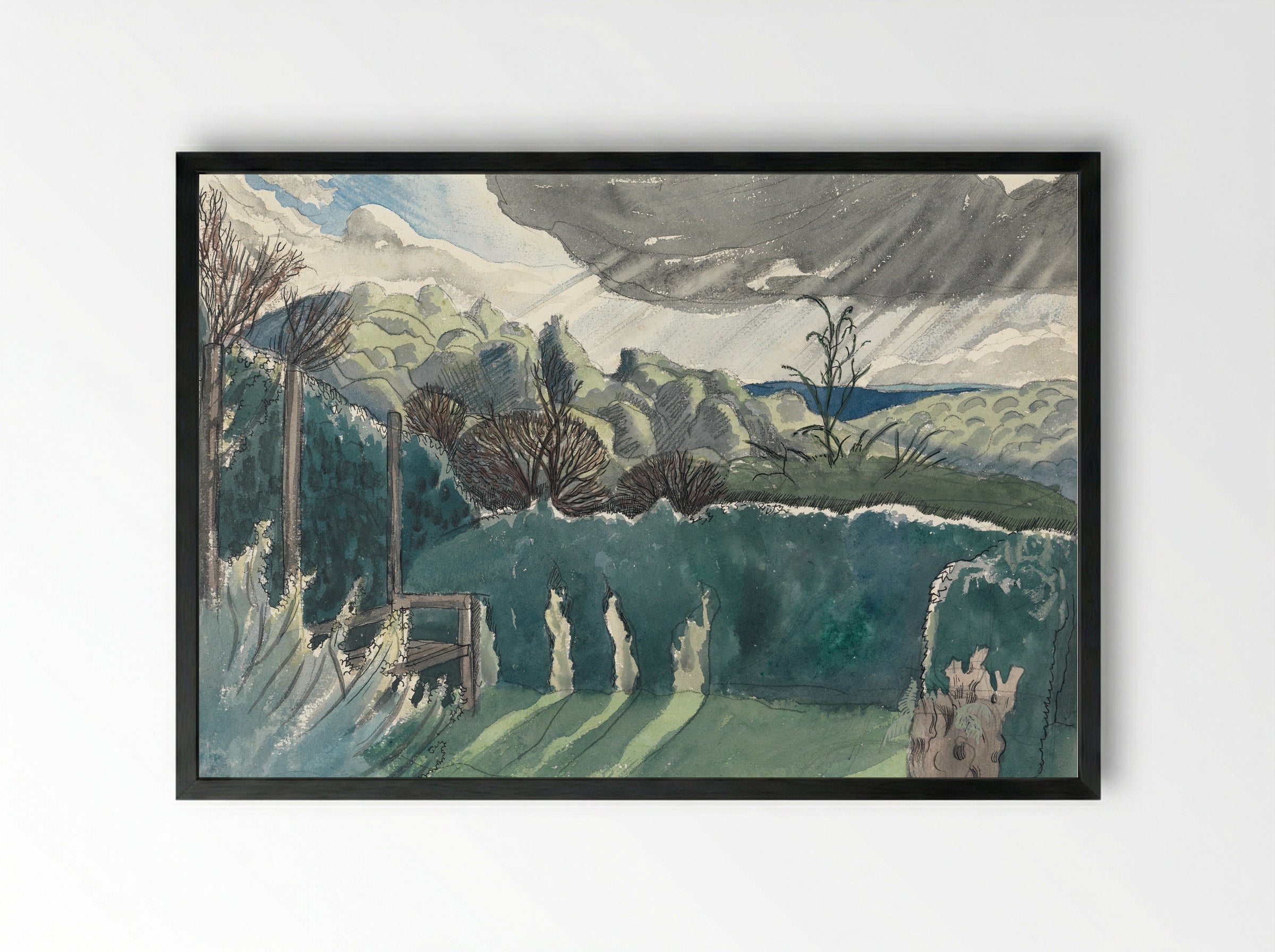 Landscape with Hedge and Distant Hills - Paul Nash - Framed Print Black