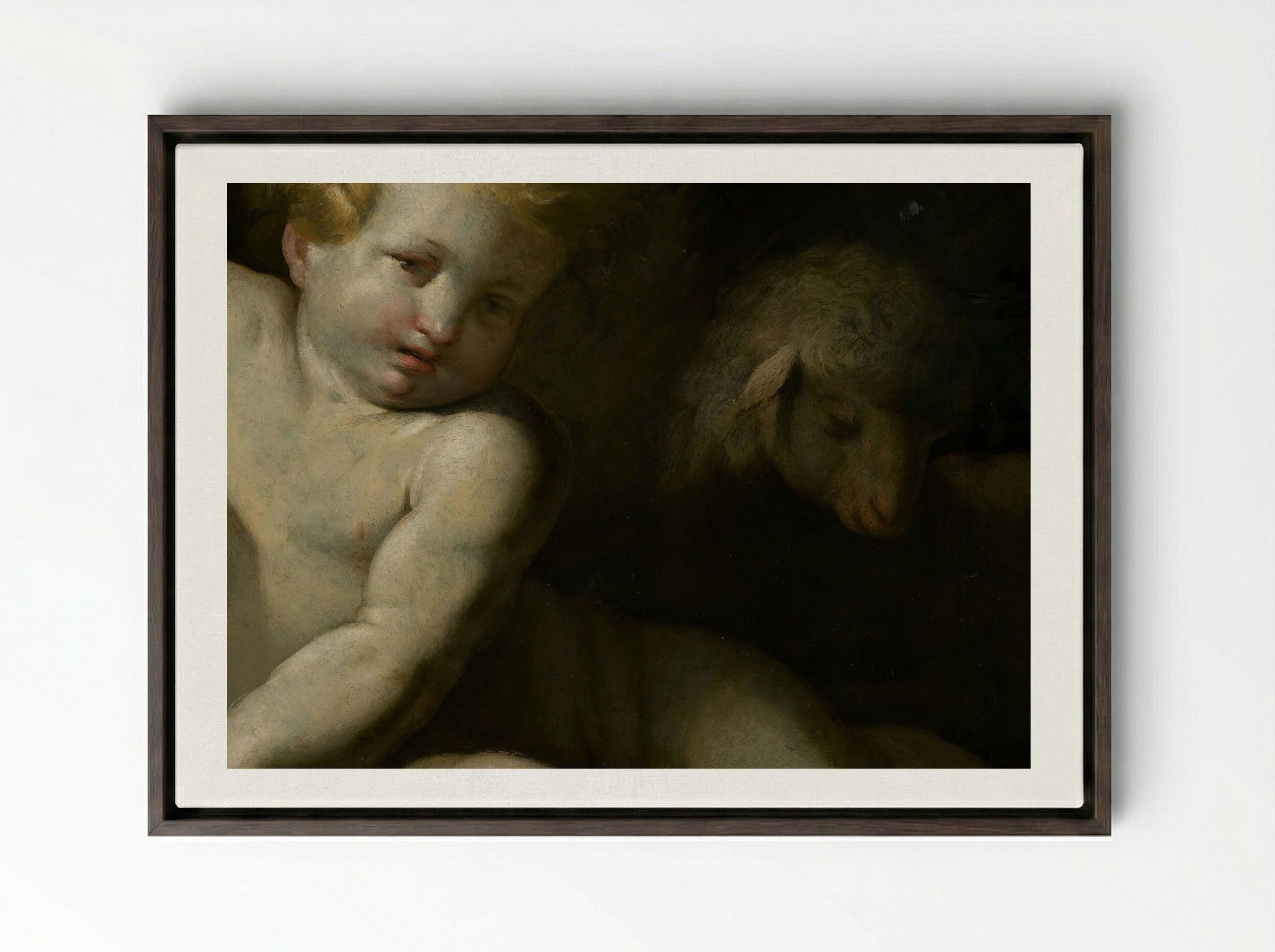 Ecce Agnus Dei (Infant Saint John the Baptist with Lamb) - Bartolomé Esteban Murillo - Framed Canvas Dark Wood