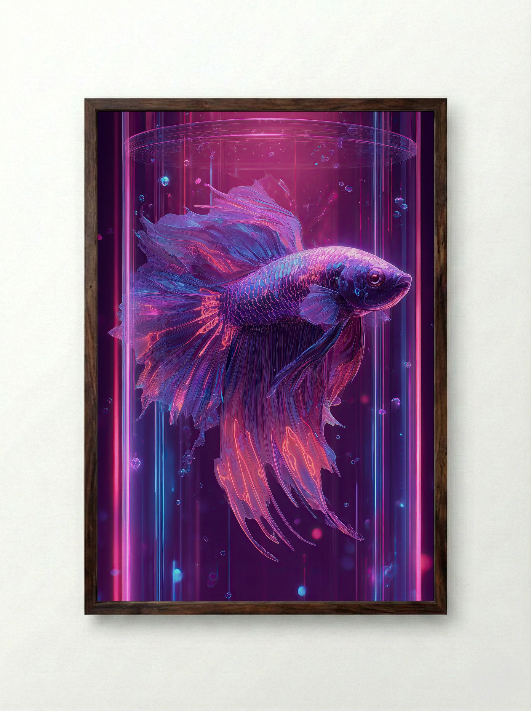 Neon Betta No.3 – Violet Glow Betta in Cyber Bloom - Framed Print Dark Wood