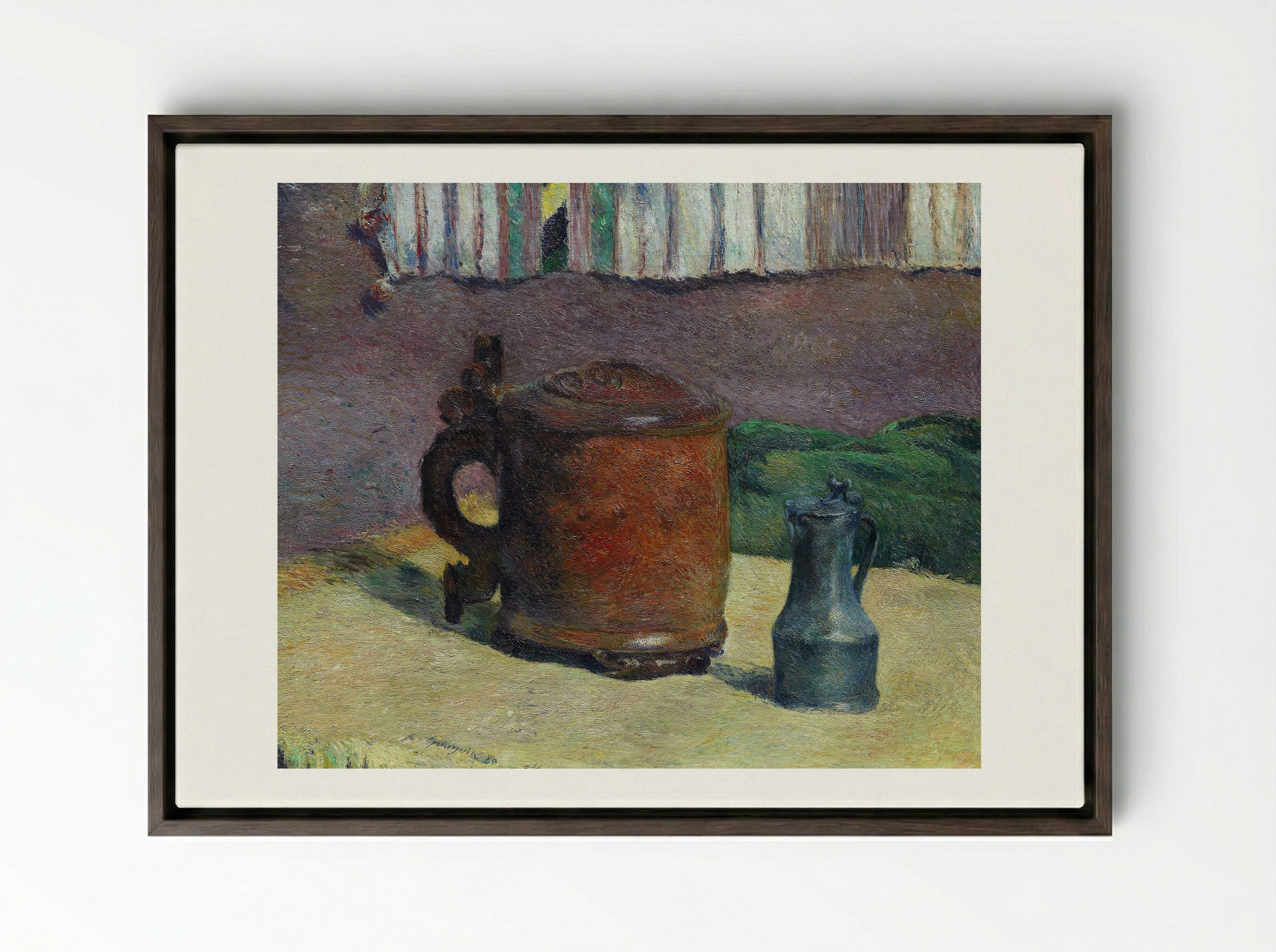 Still Life with Wood Tankard and Metal Pitcher - Paul Gauguin - Framed Canvas Dark Wood