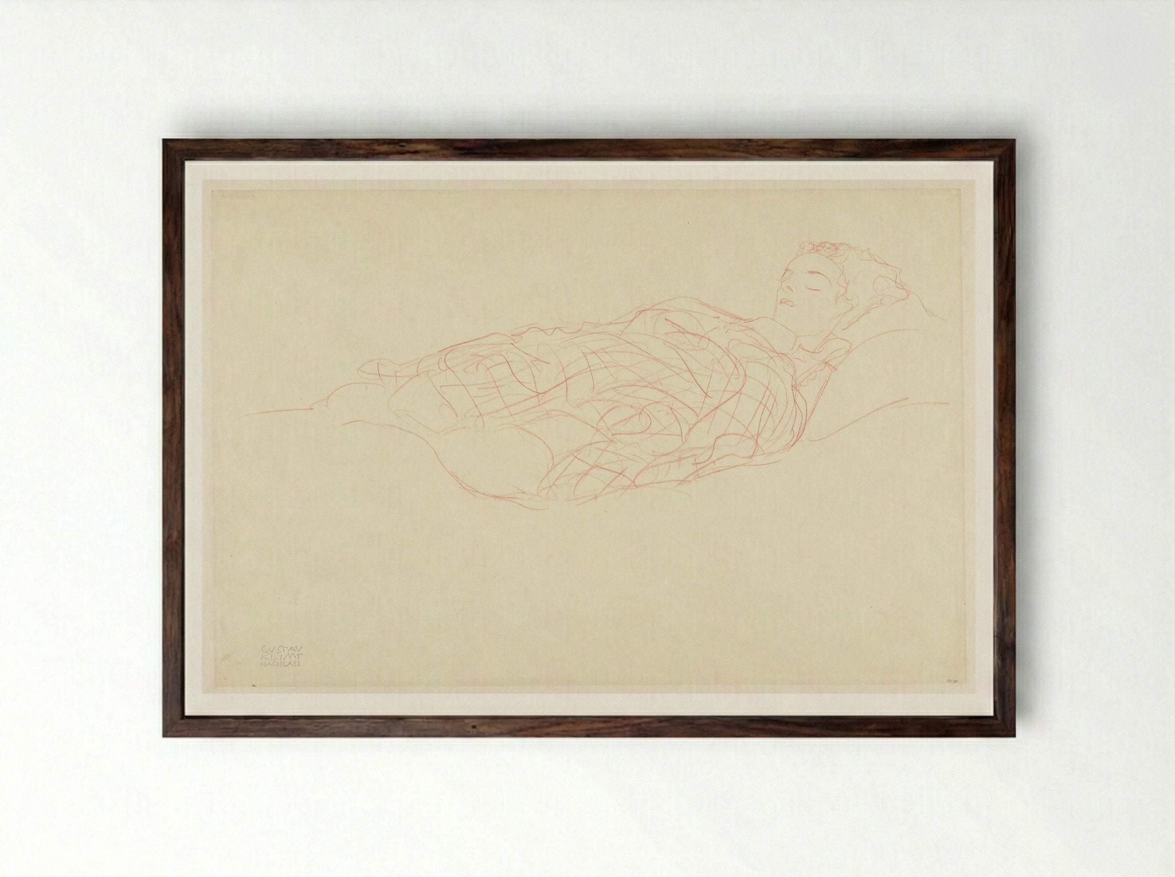 Study of a Resting Woman Wrapped in a Plaid - Gustav Klimt - Framed Print Dark Wood