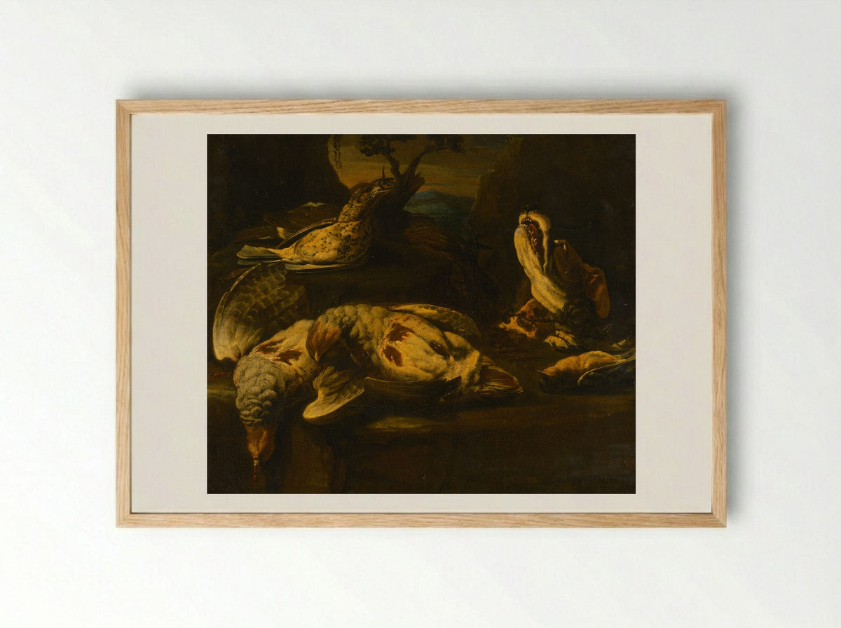 Hunting Still Life with Birds and Dog - Fine Art Print - Framed Print Wood