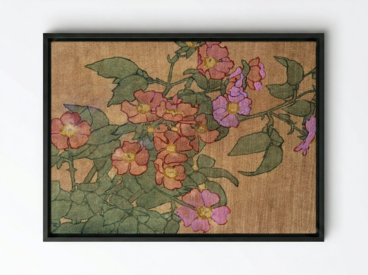 Pink Roses on Terracotta Colour Ground - Hannah Borger Overbeck - Framed Canvas Black