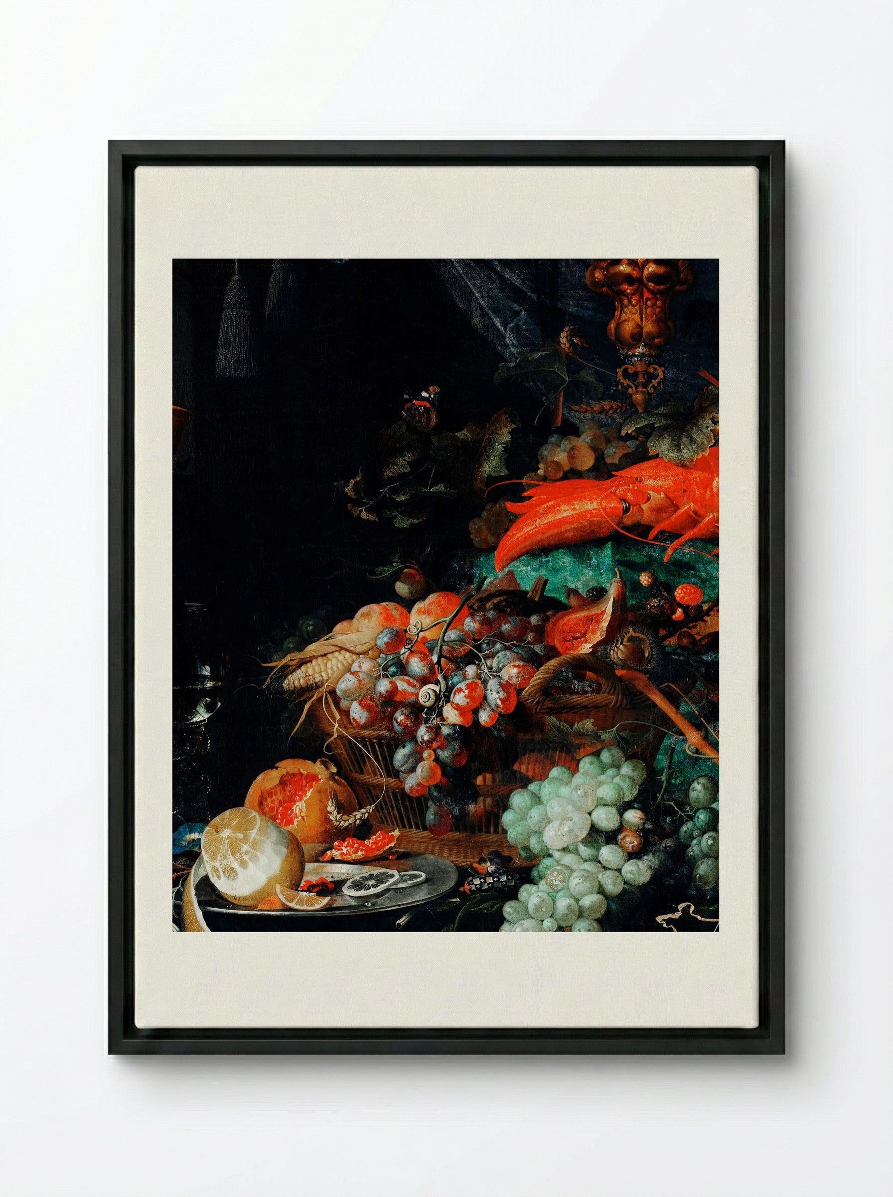 Fruits and Lobster - Abraham Mignon - Framed Canvas Black