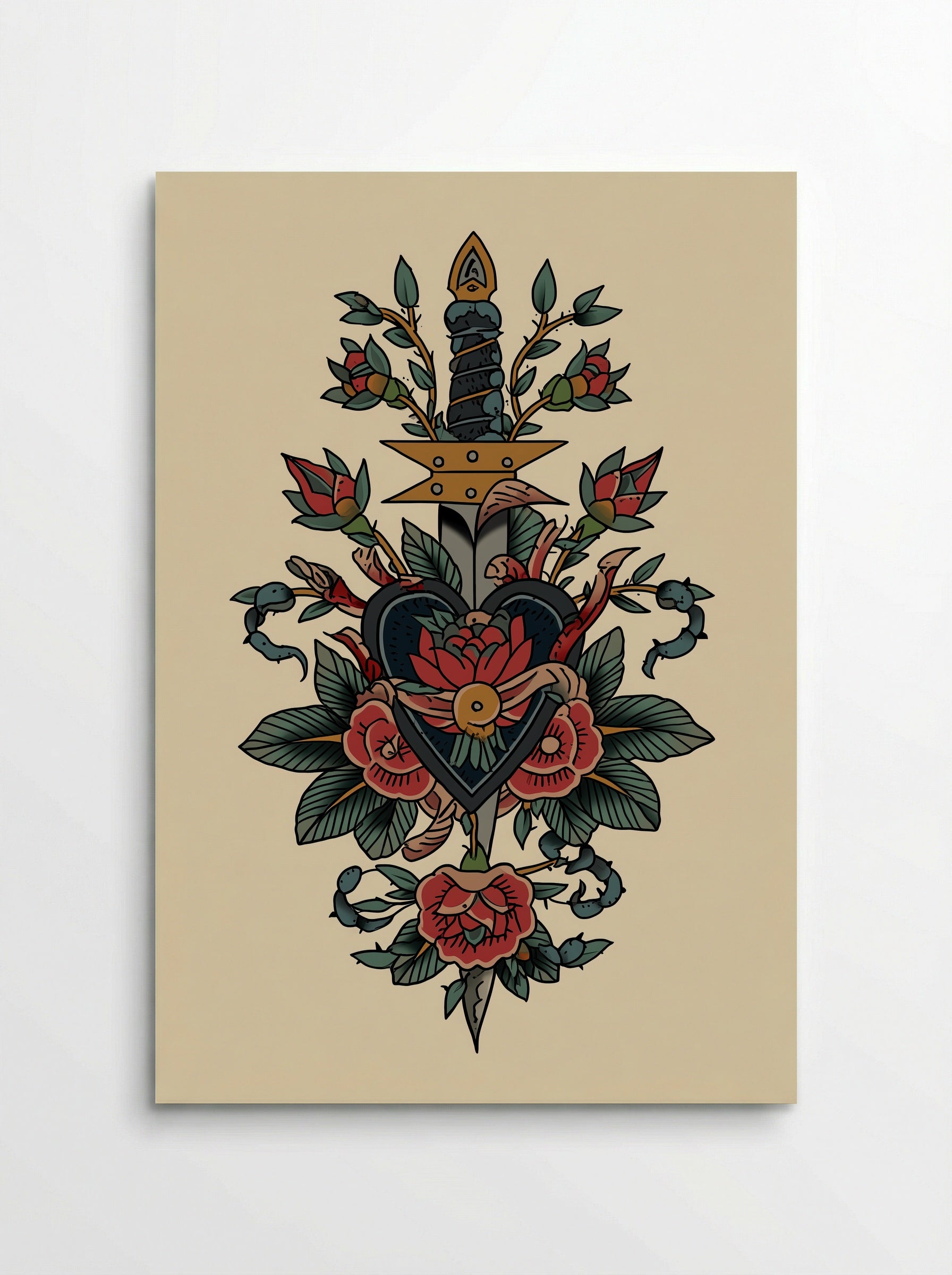 Sacred Heart and Dagger - Neo Traditional Tattoo Print - Poster