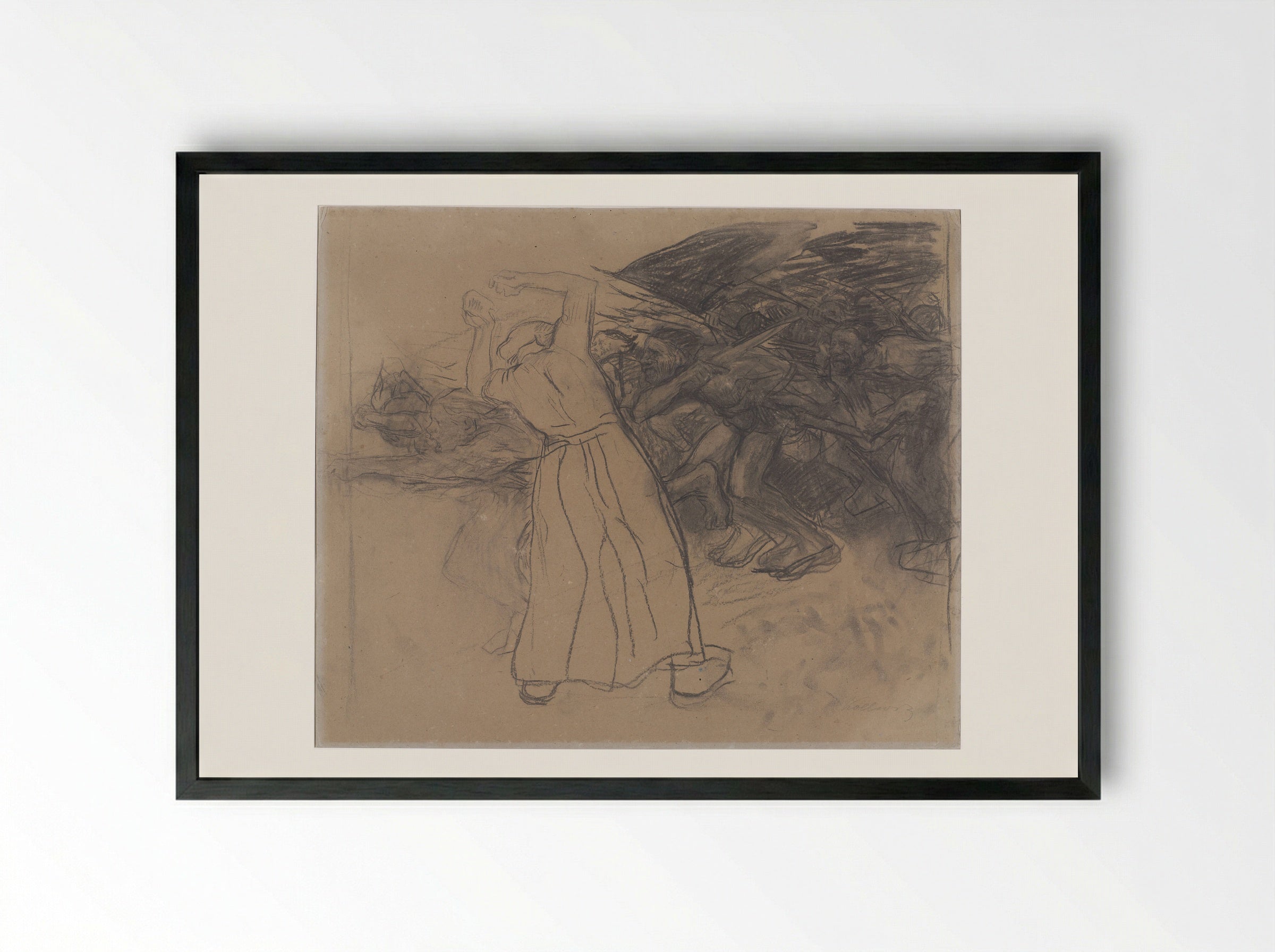 Standing Woman Encouraging a Marching Group of Men - Käthe Kollwitz - Framed Print Black
