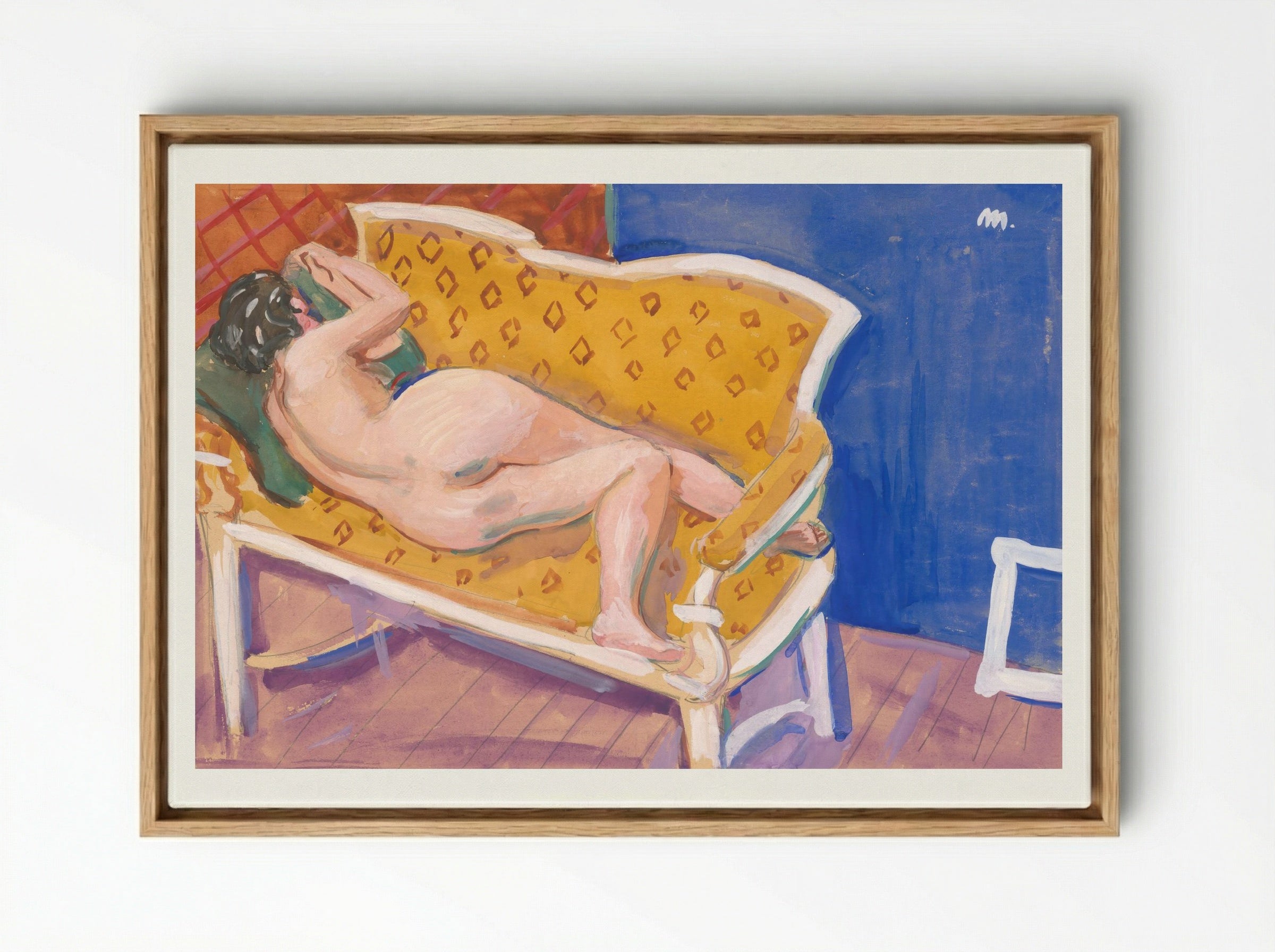 Reclining Nude on Yellow Sofa - Cyprián Majerník - Framed Canvas Wood