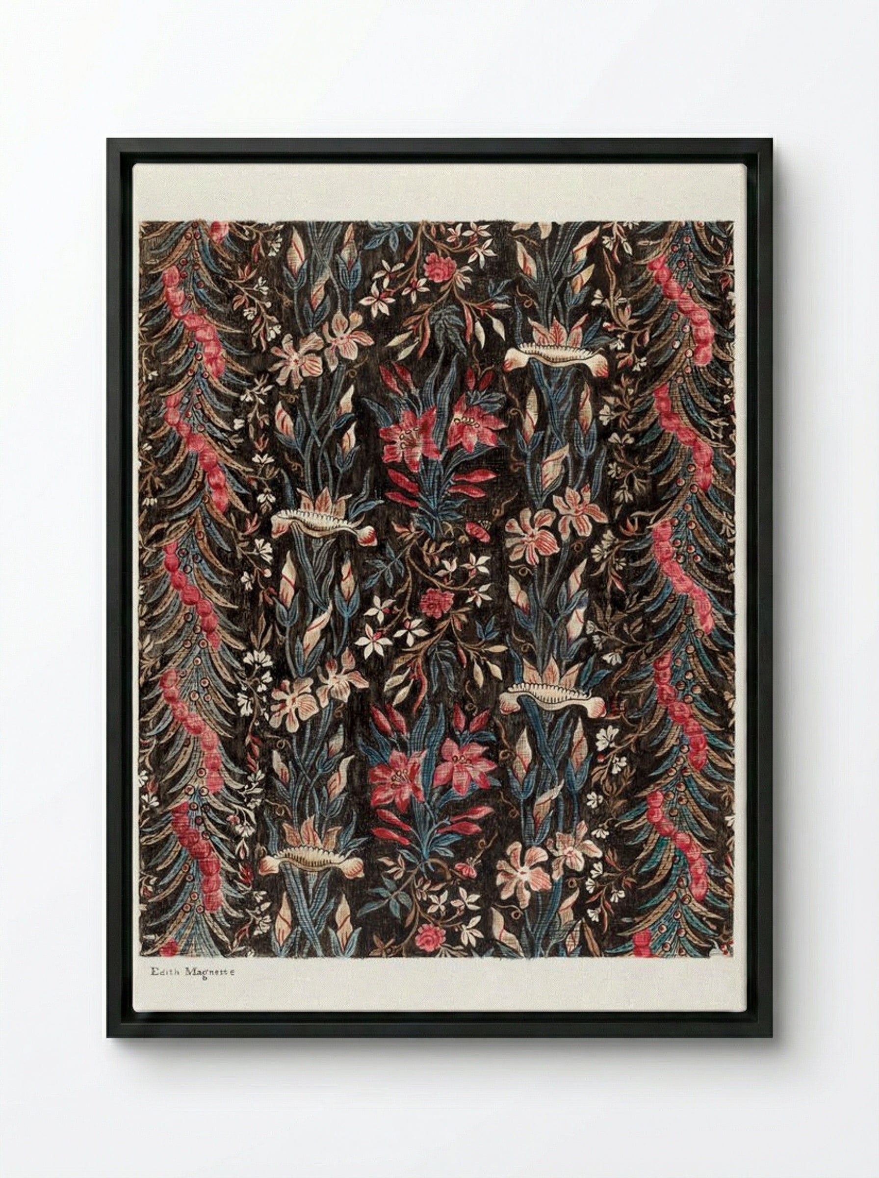 Printed Cotton (Floral Textile Design) - Edith Magnette - Framed Canvas Black