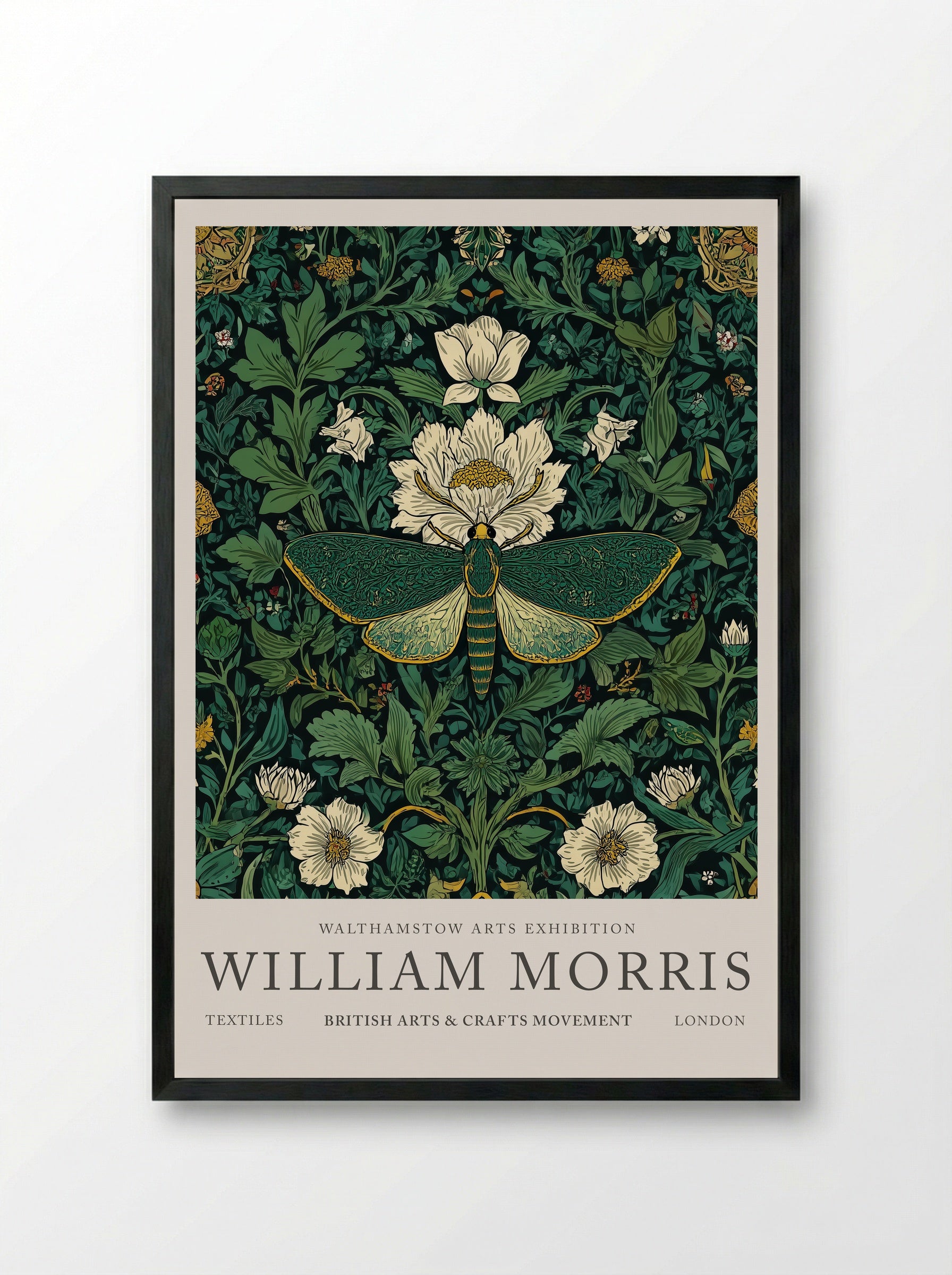 Emerald Moth Garden - William Morris - Framed Print Black