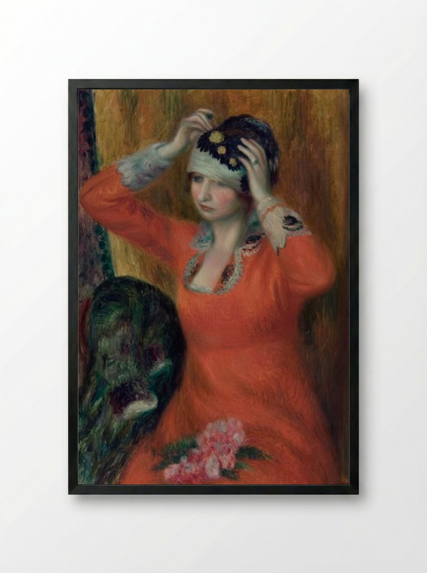Girl in Red Dress Pinning on Hat - William James Glackens - Framed Print Black