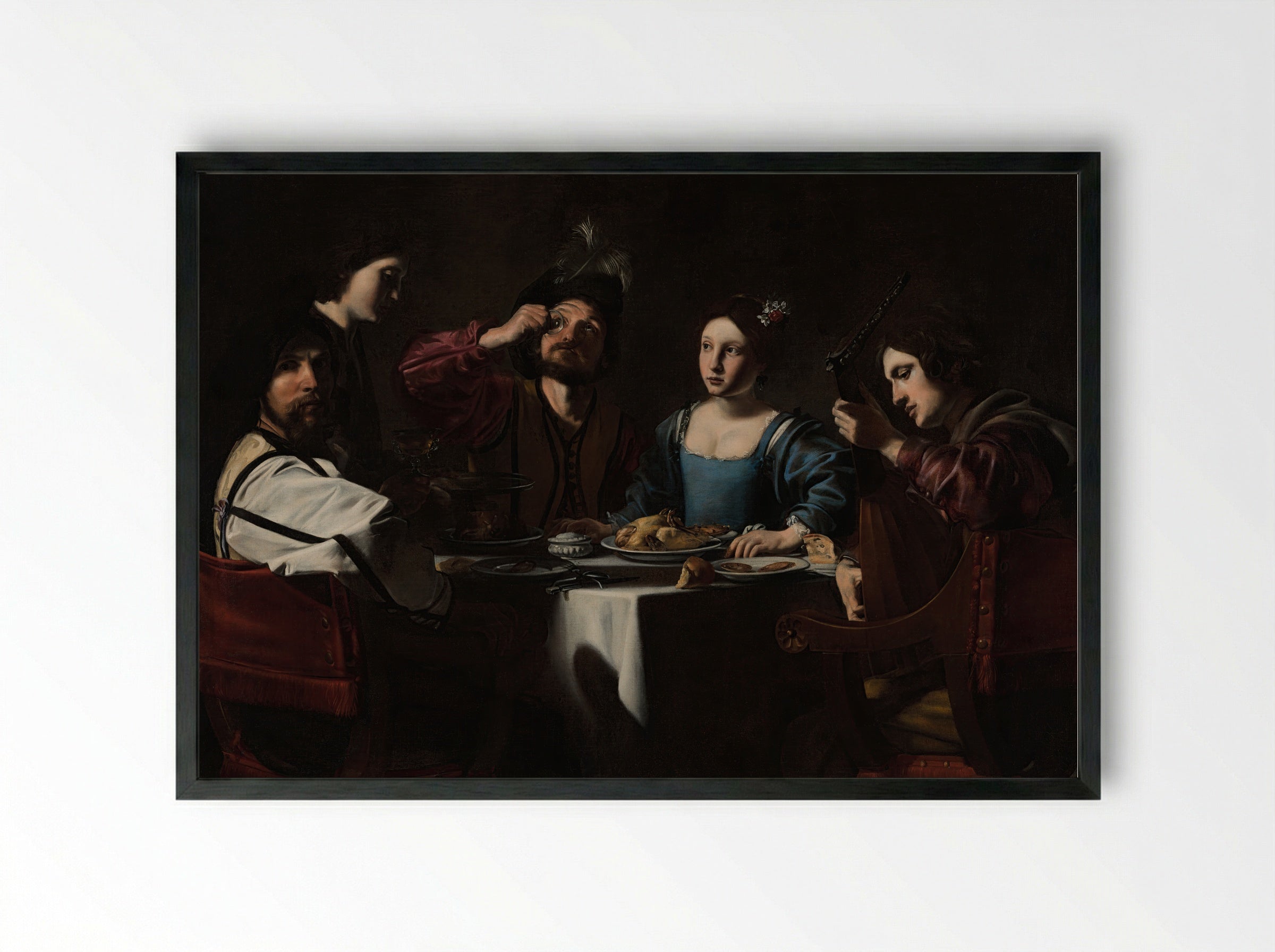 Banquet Scene with a Lute Player - Valentin de Boulogne - Framed Print Black