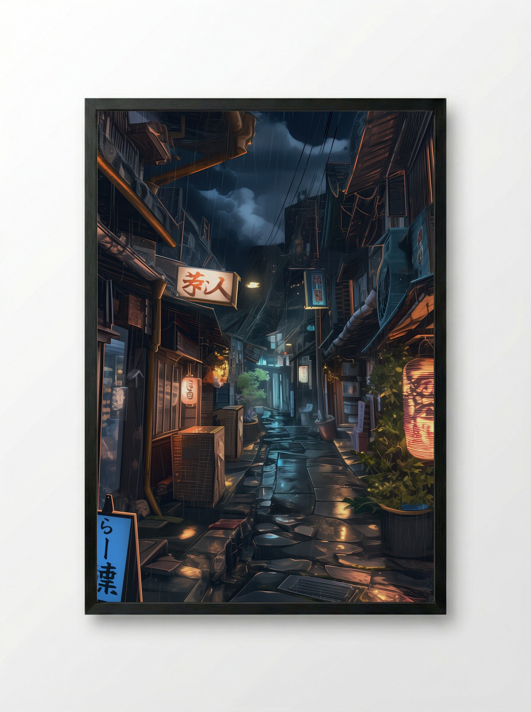 Stormlight Alley – Night Rain in Tokyo - Framed Print Black