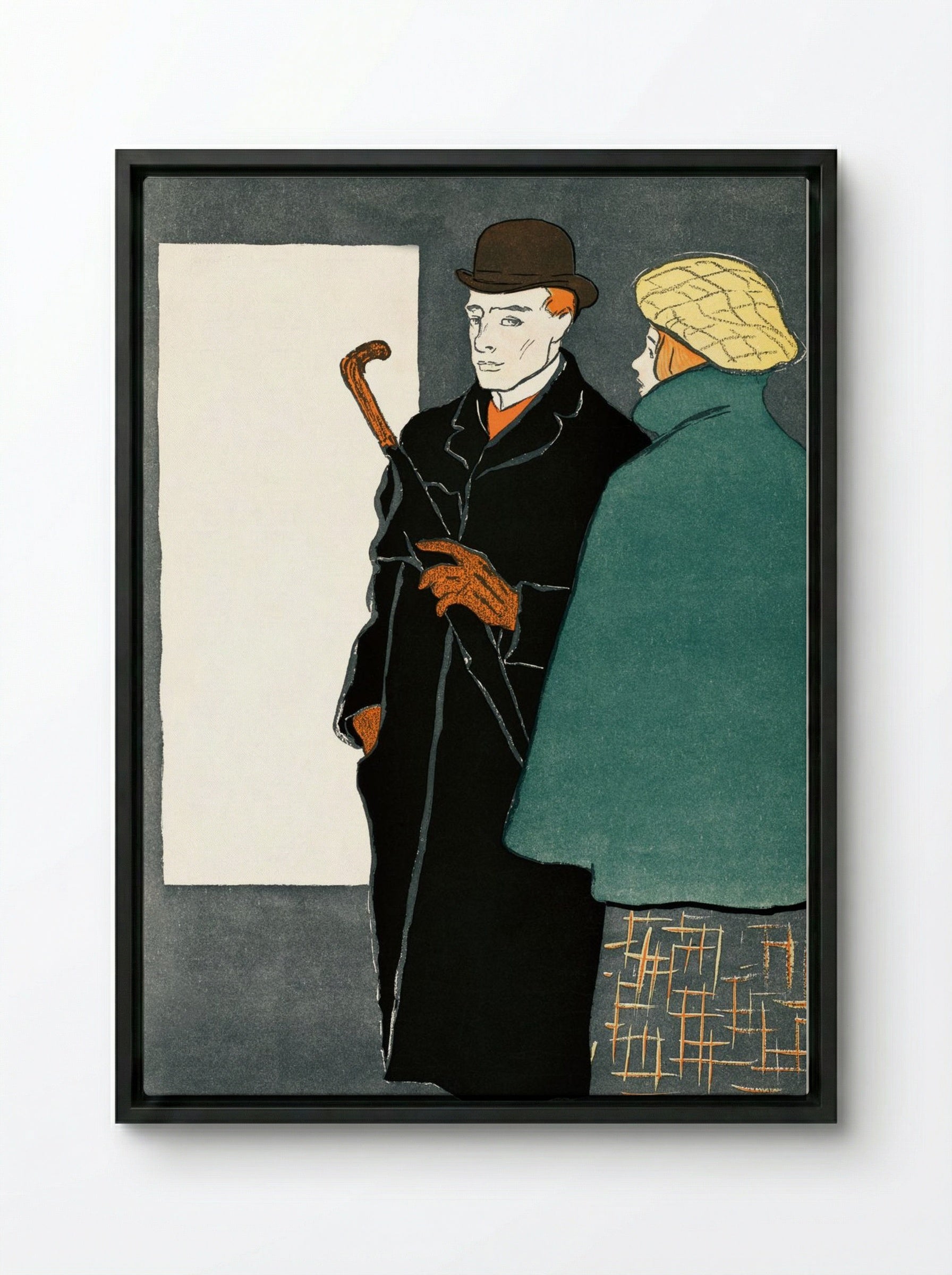 Man with Walking Stick and Woman - Edward Penfield - Framed Canvas Black