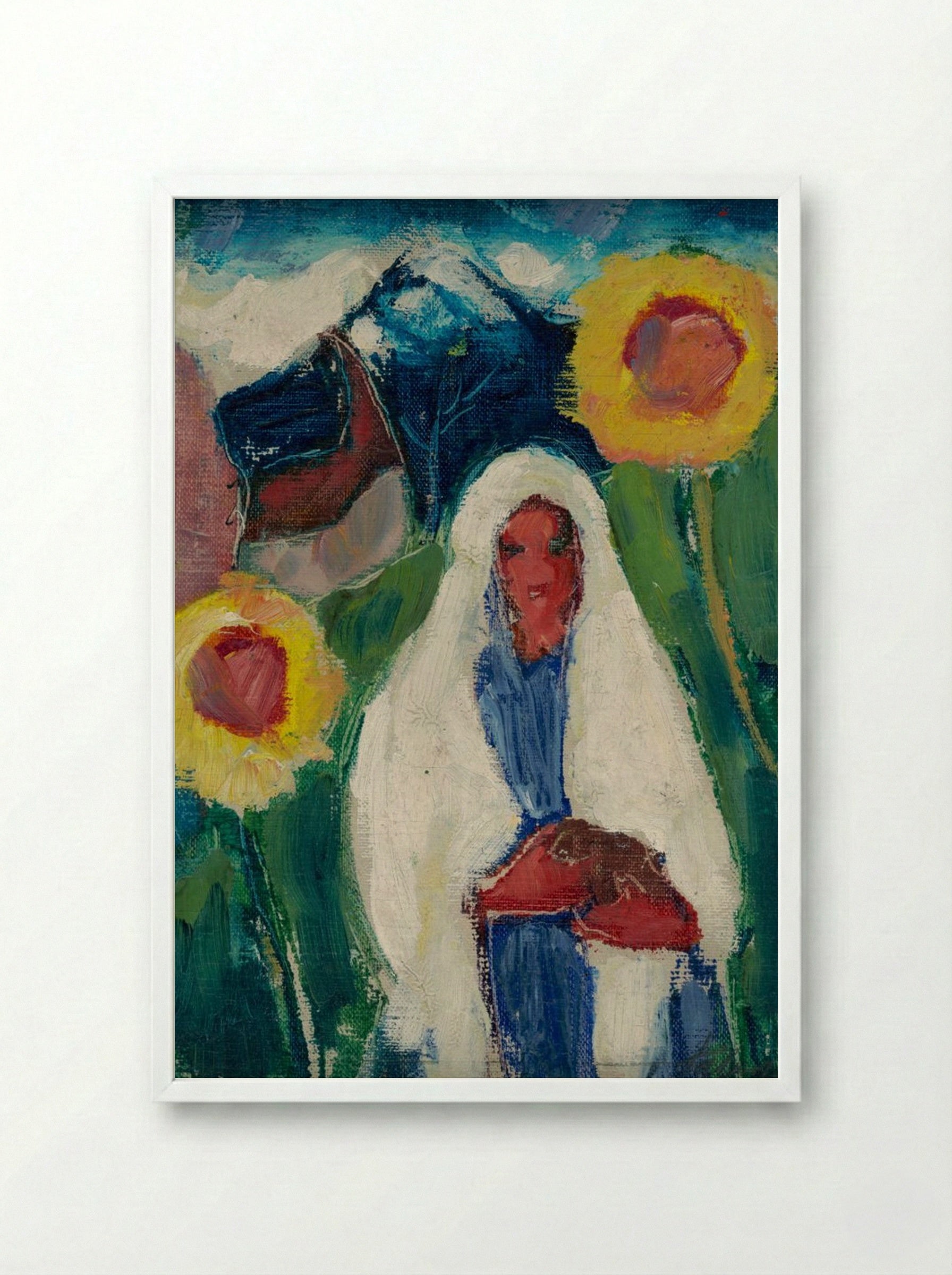 Sketch of a Woman Among Sunflowers - Zolo Palugyay - Framed Print White