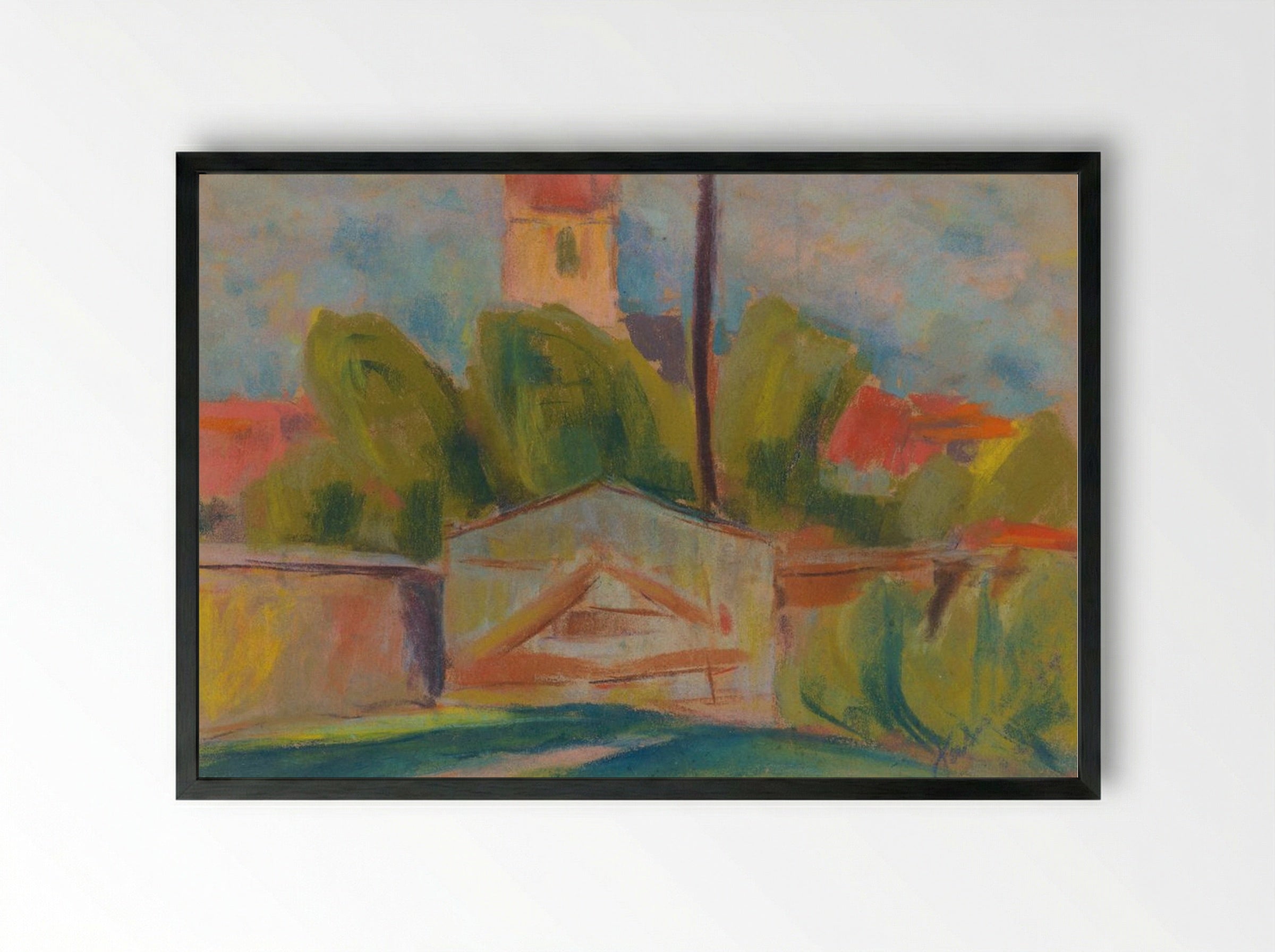 Village with a Church - Zolo Palugyay - Framed Print Black