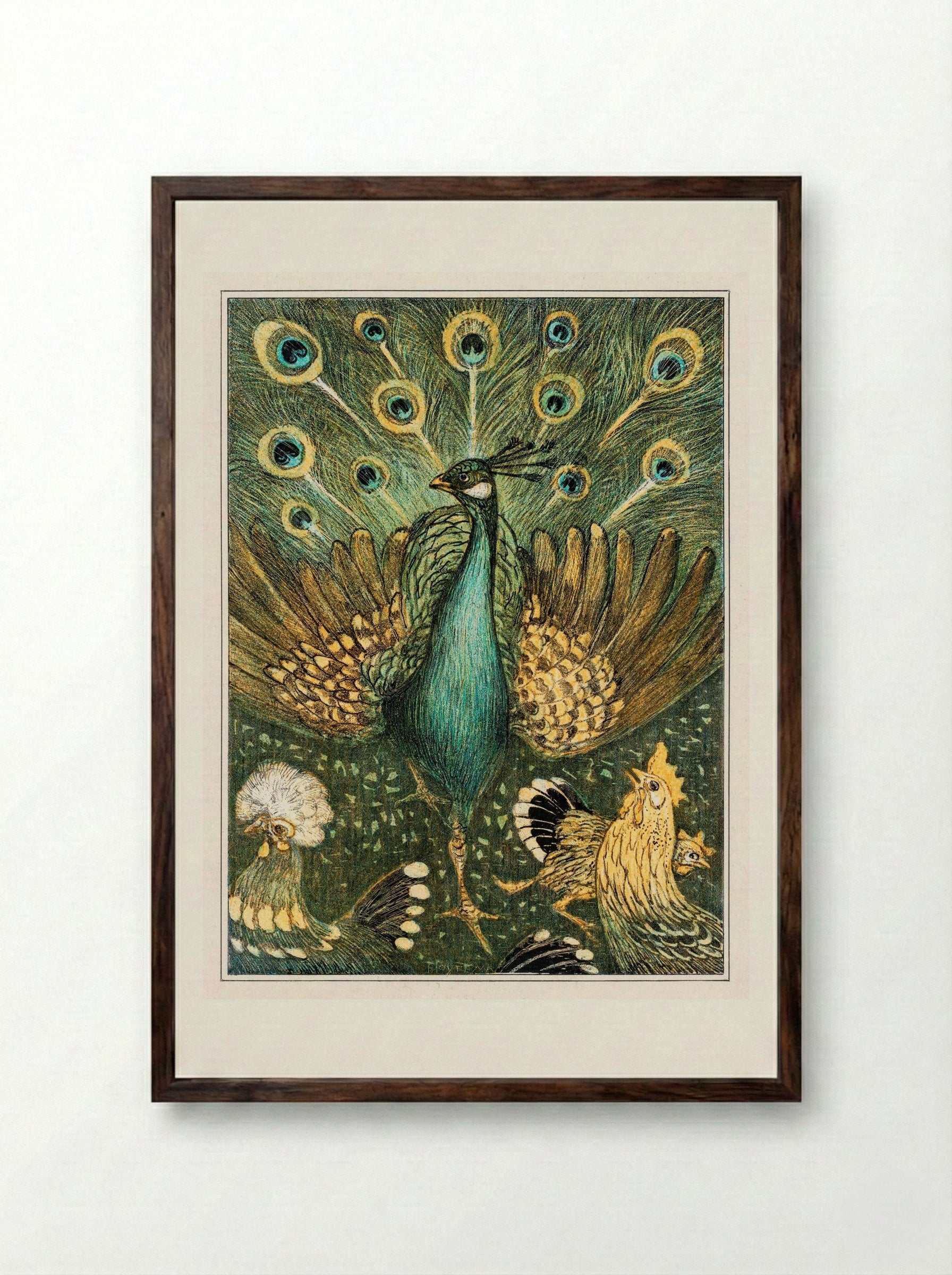 Peacock with Chickens - Theo van Hoytema - Framed Print Dark Wood