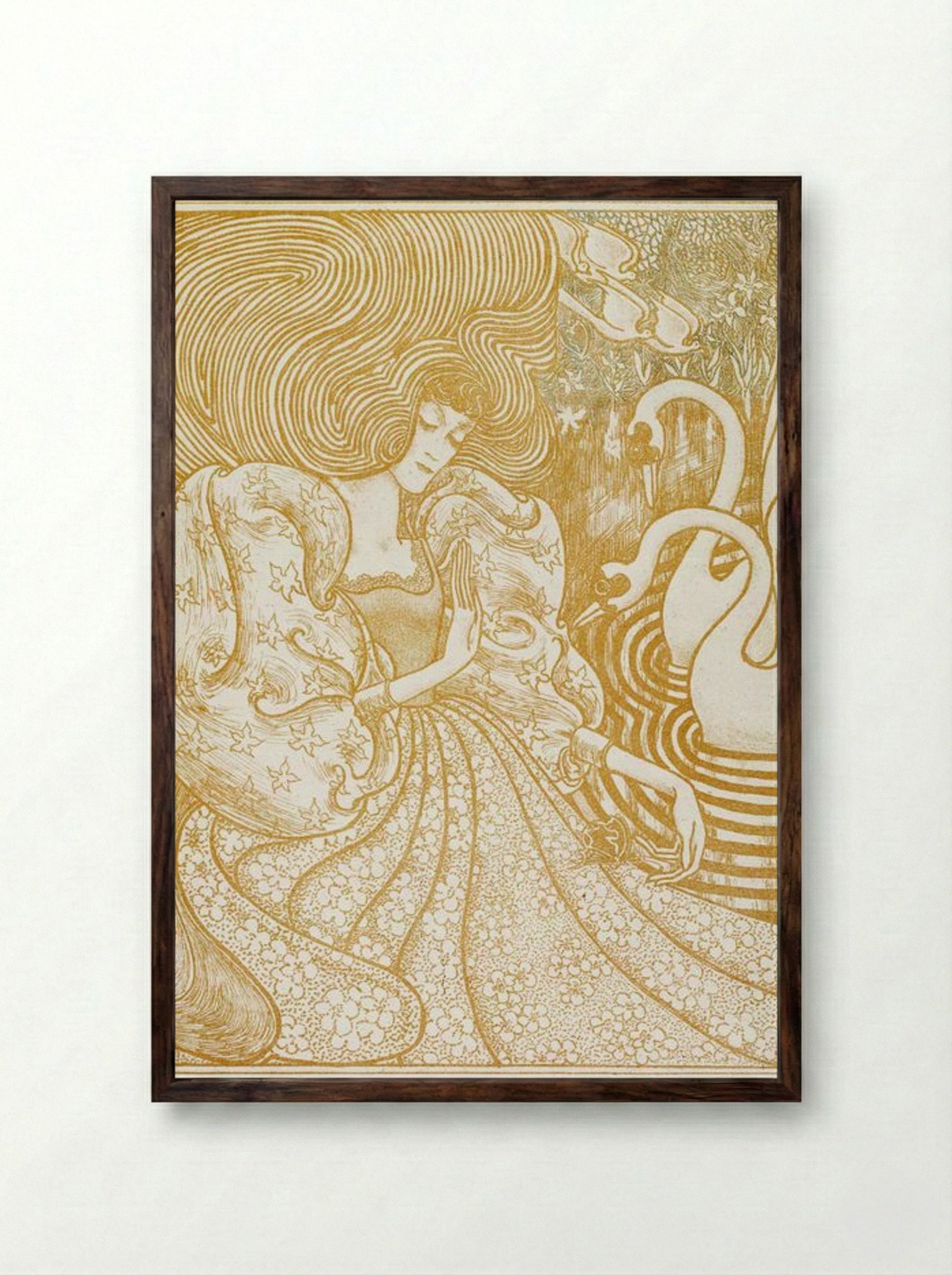 Woman with a Butterfly at a Pond with Two Swans - Jan Toorop - Framed Print Dark Wood