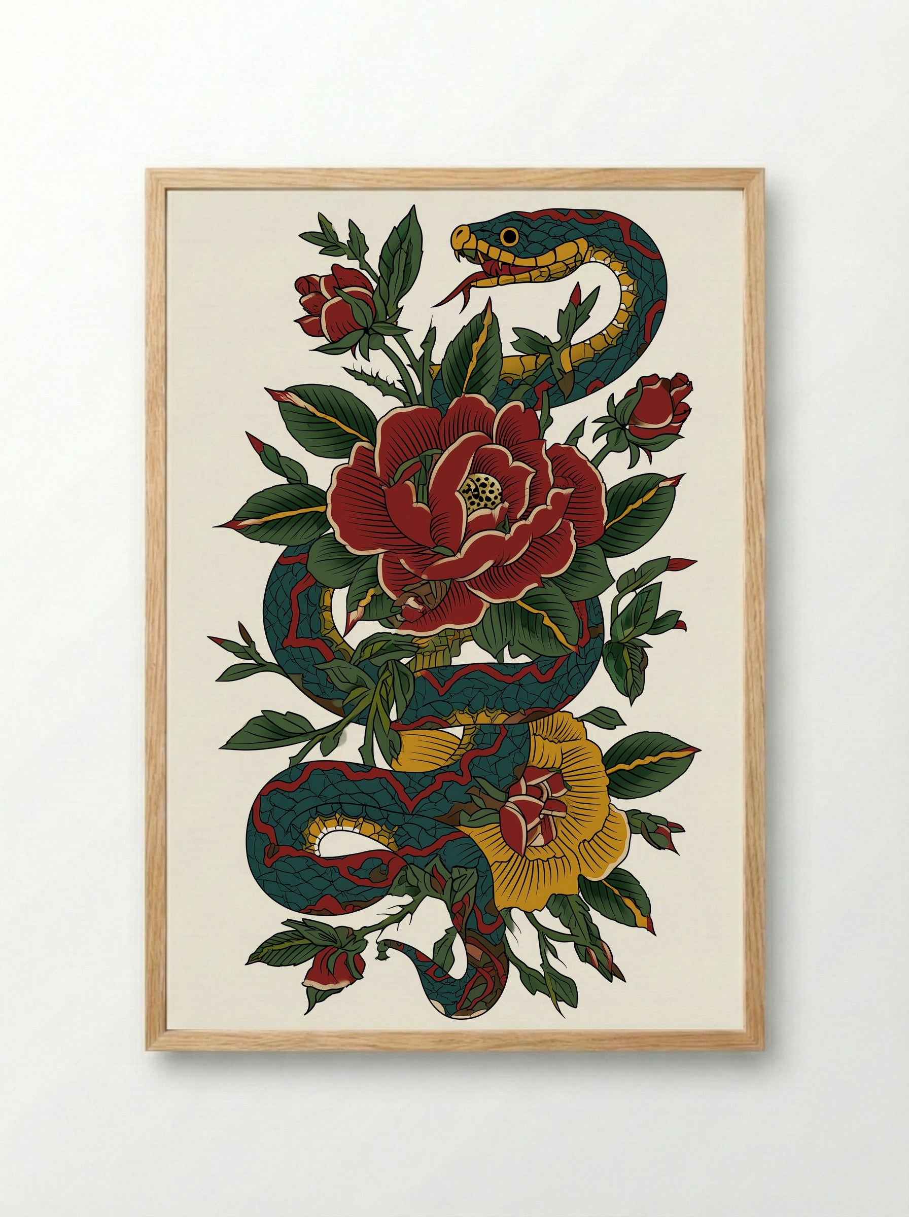 Snake and Roses - Neo Traditional Tattoo Art Print - Framed Print Wood