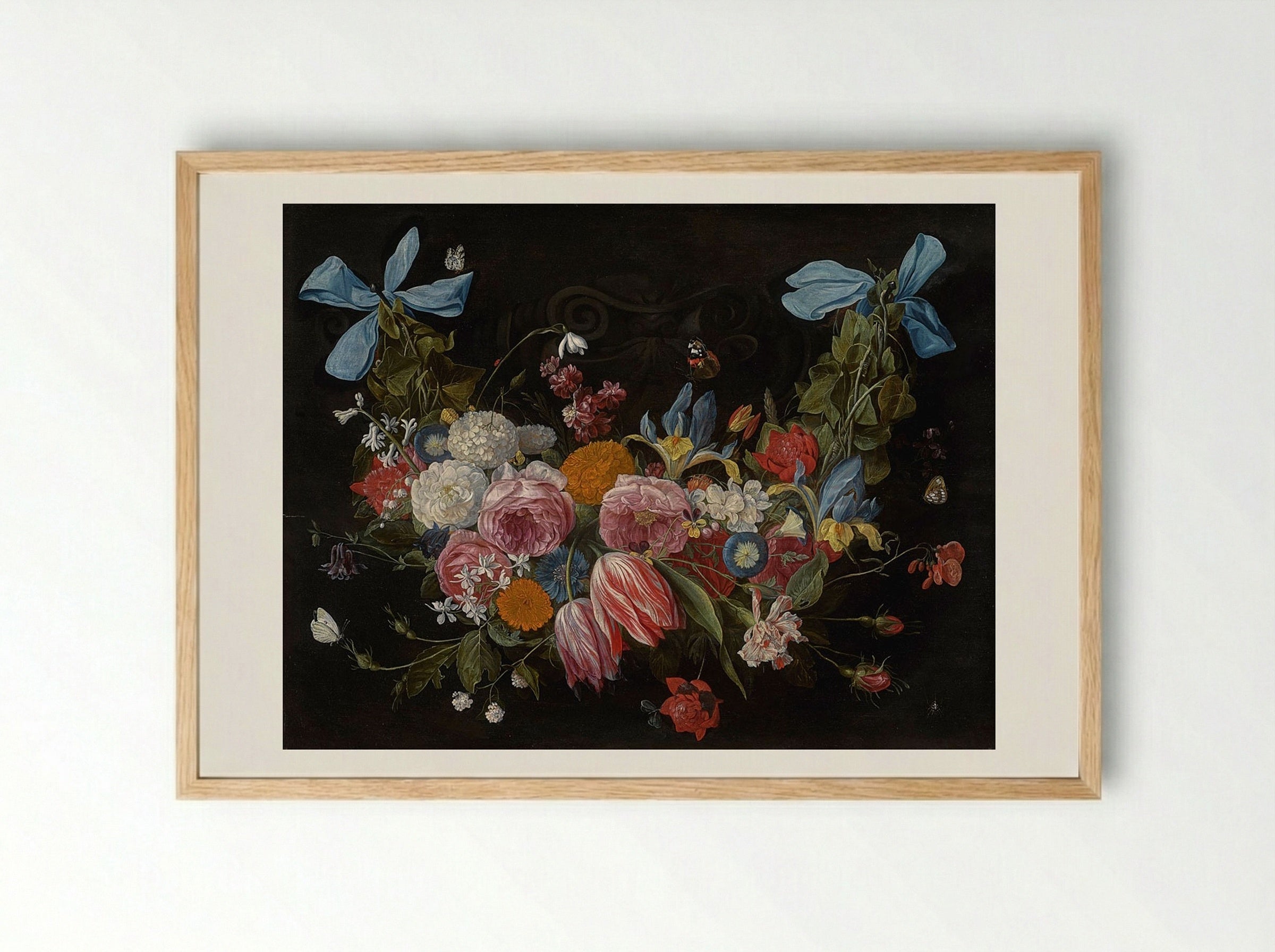 A Swag of Flowers Fixed with Two Blue Ribbons - Jan van Kessel the Elder - Framed Print Wood